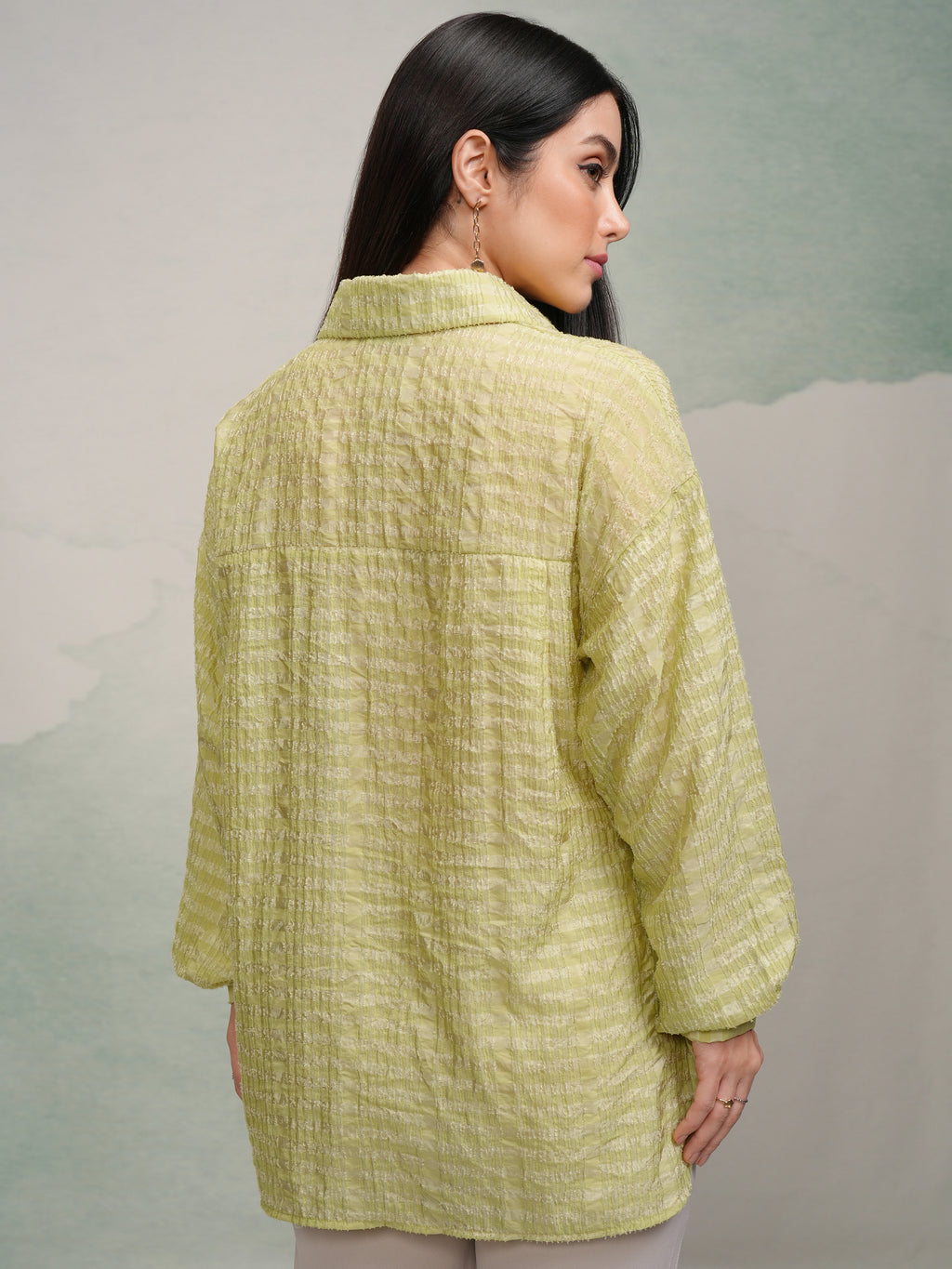 Tokyo Talkies Women Green Checked Oversized Fit Casual Shirt - Green - Image 3