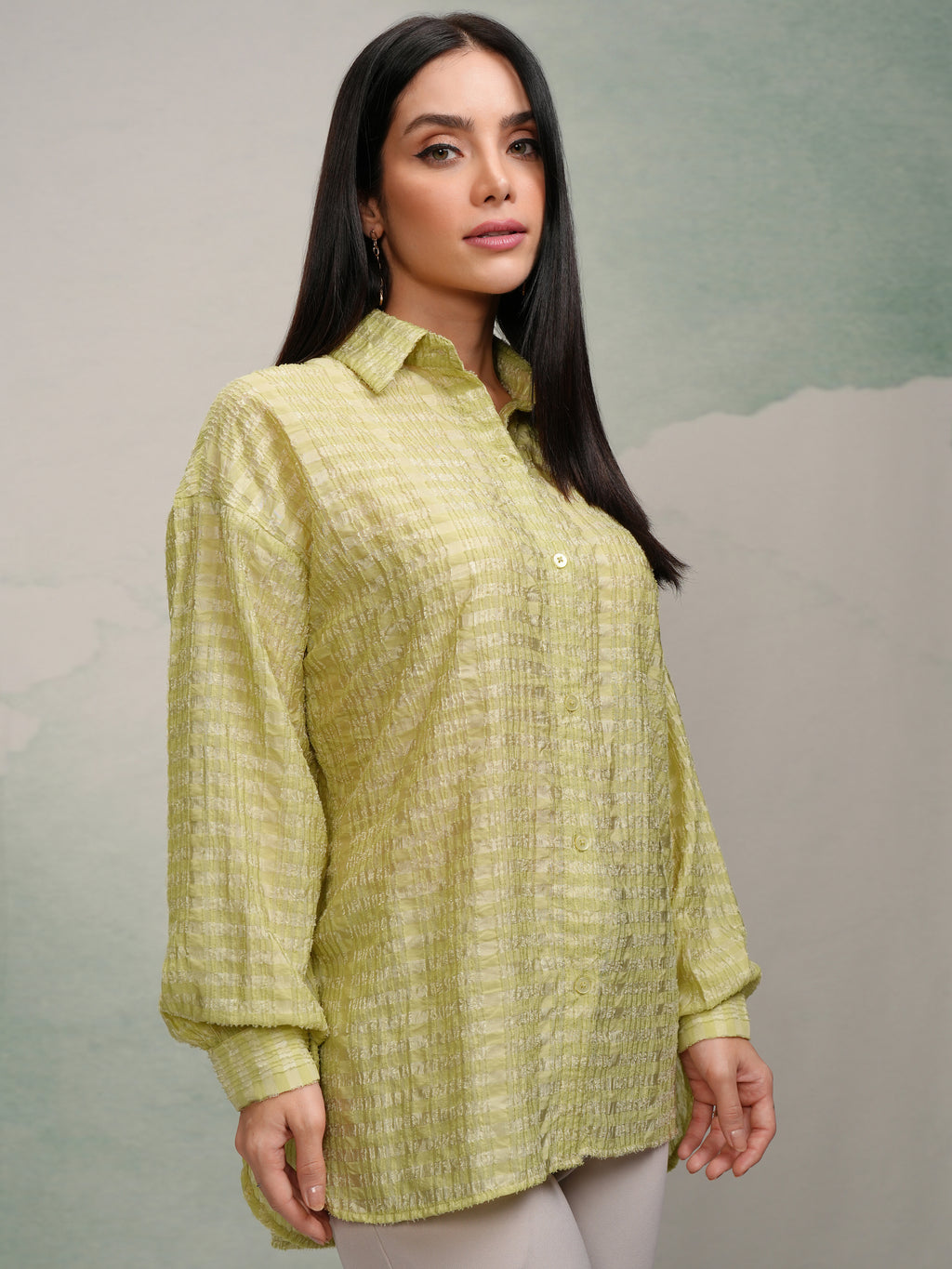 Tokyo Talkies Women Green Checked Oversized Fit Casual Shirt - Green - Image 6