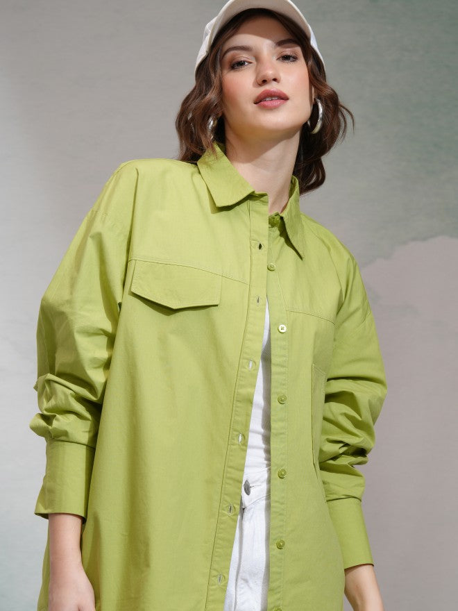 Tokyo Talkies Women Green Solid Casual Shirt - Green - Image 1