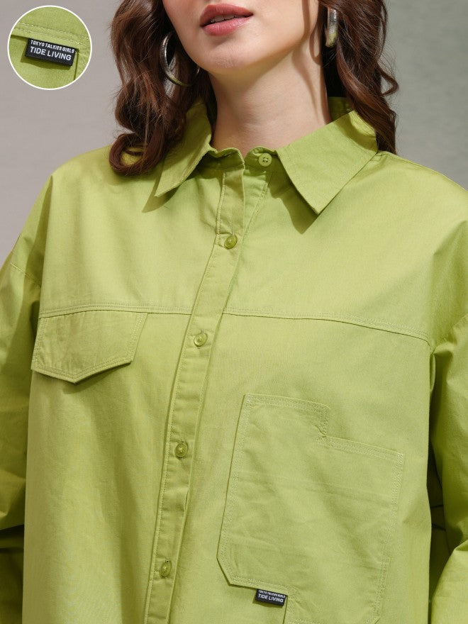 Tokyo Talkies Women Green Solid Casual Shirt - Green - Image 5