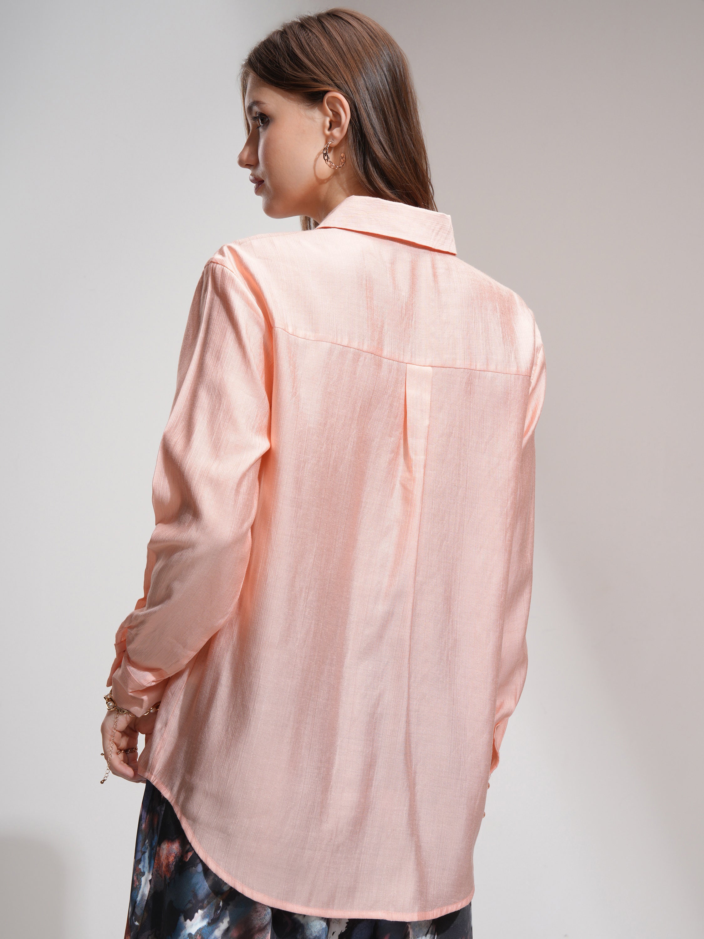 Tokyo Talkies Women Peach Solid Casual Shirt - Peach - Image 3