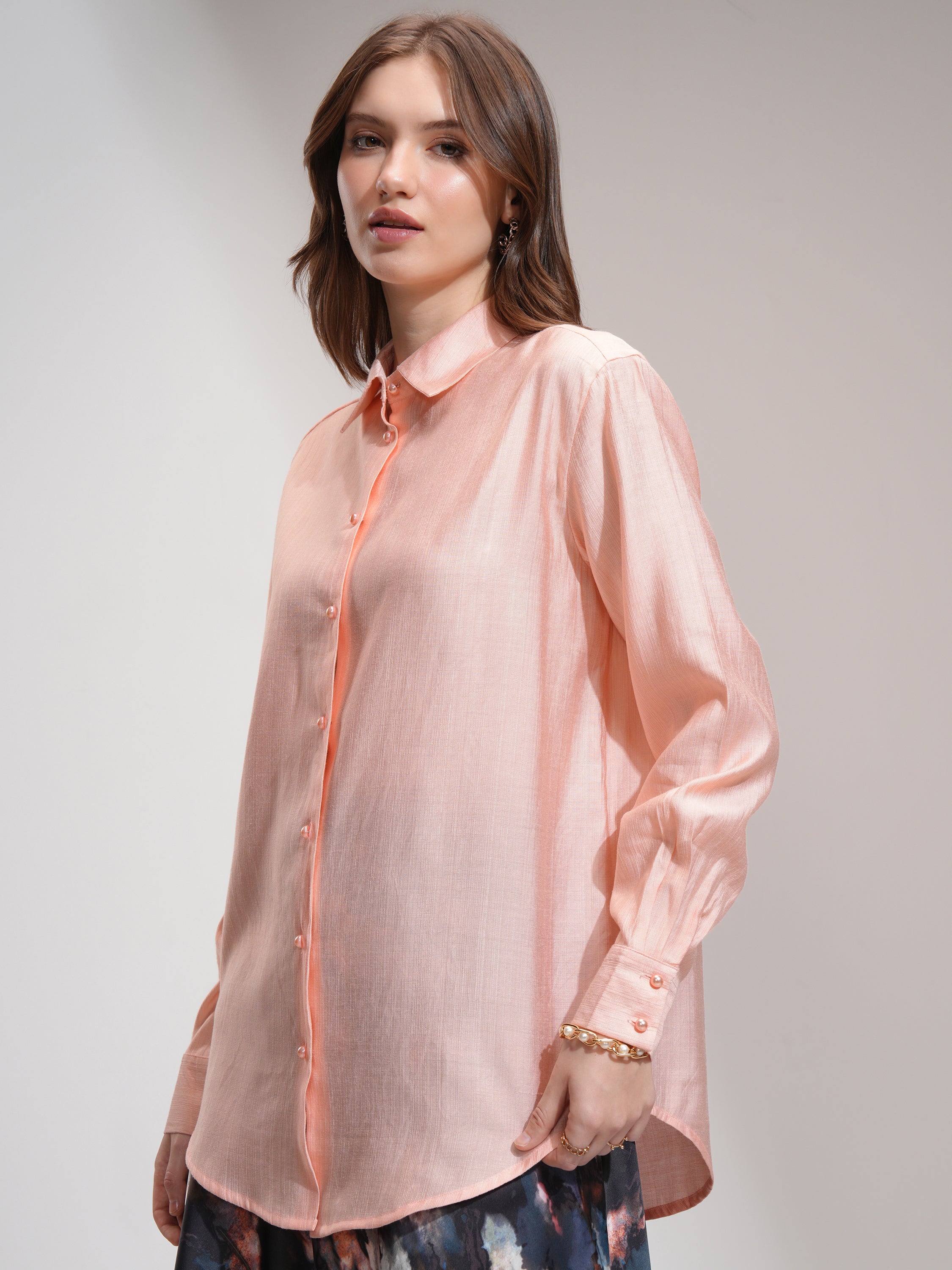 Tokyo Talkies Women Peach Solid Casual Shirt - Peach - Image 4
