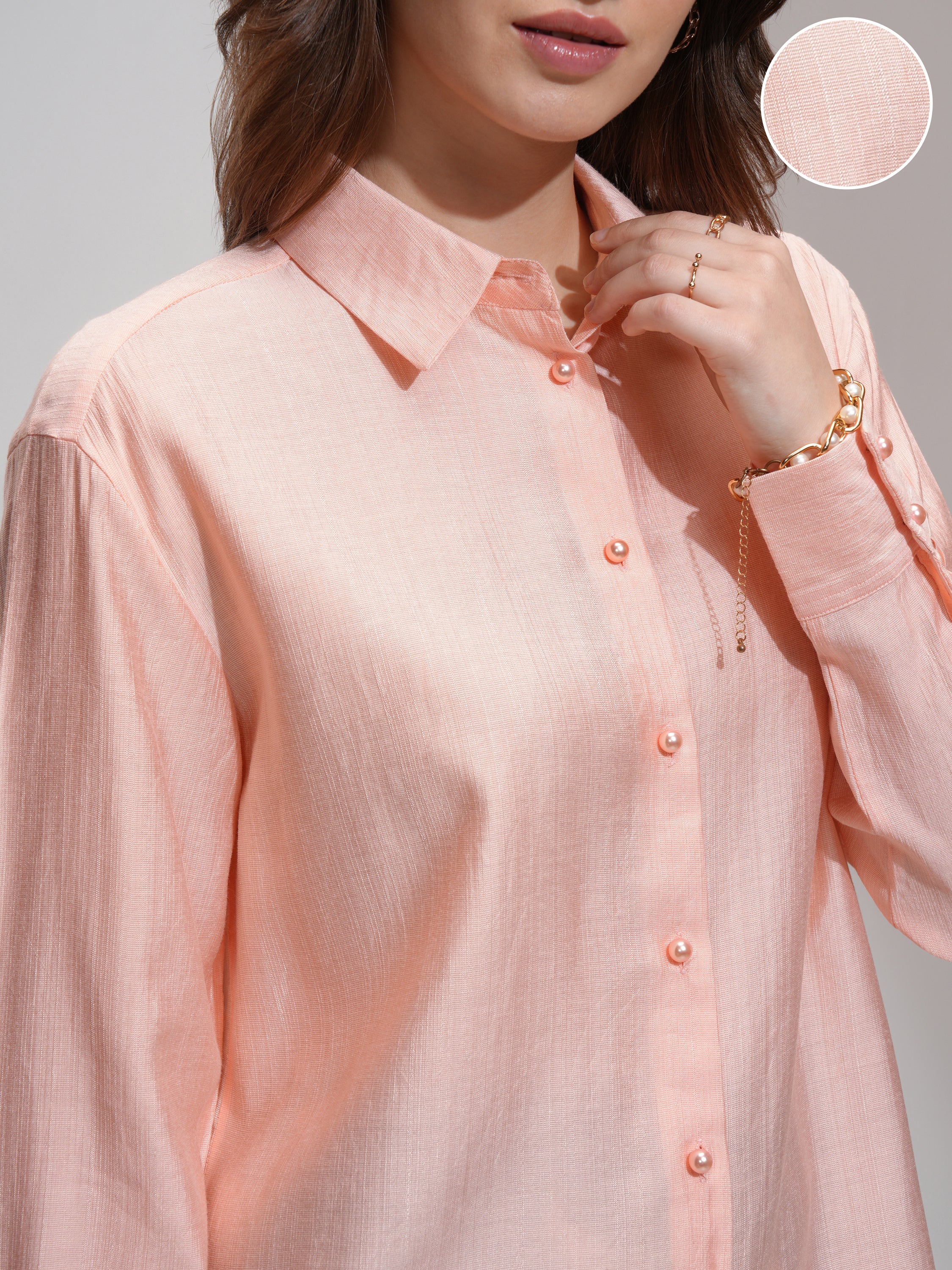 Tokyo Talkies Women Peach Solid Casual Shirt - Peach - Image 5