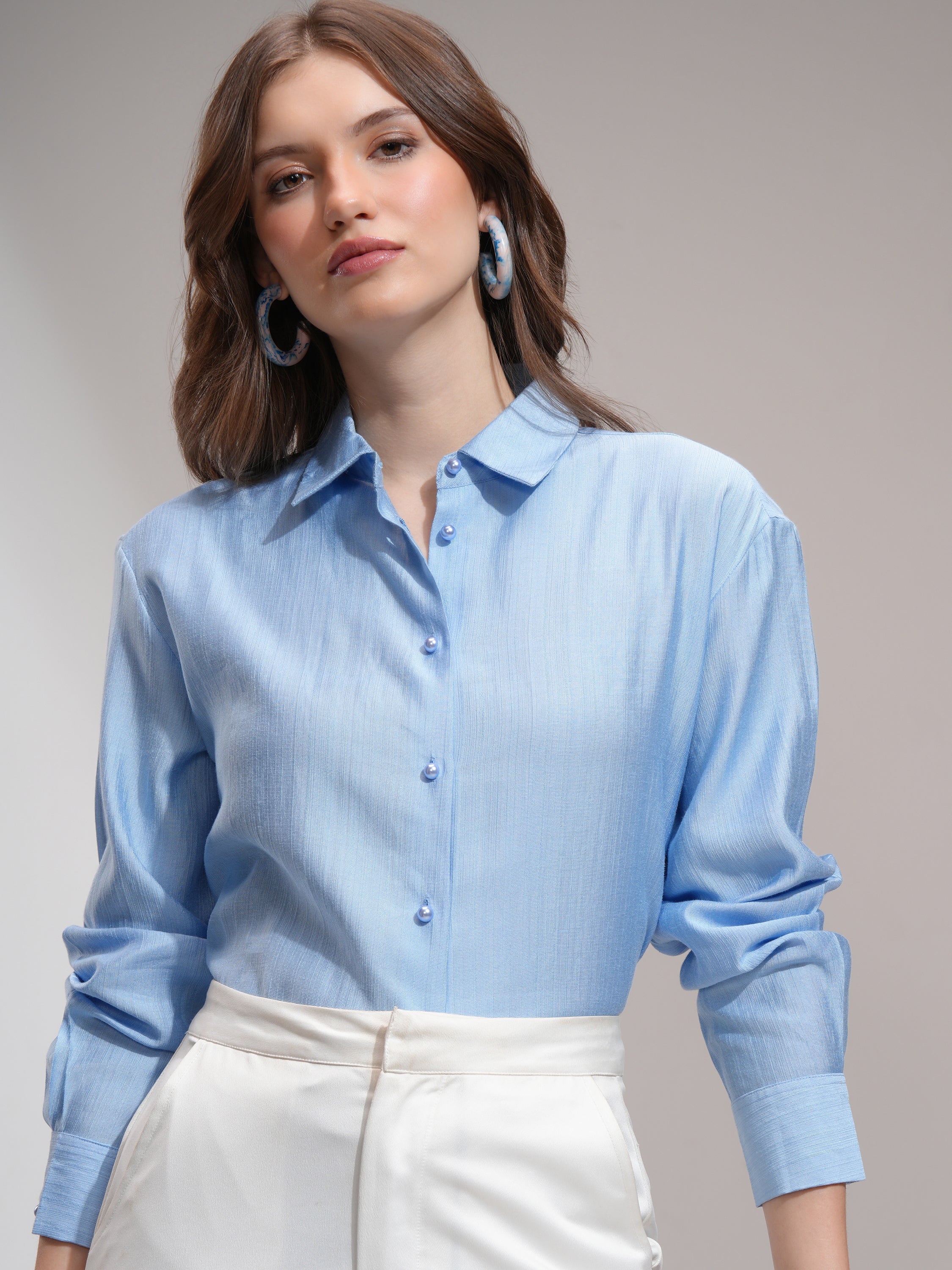 Tokyo Talkies Women Blue Solid Casual Shirt - Blue - Image 1