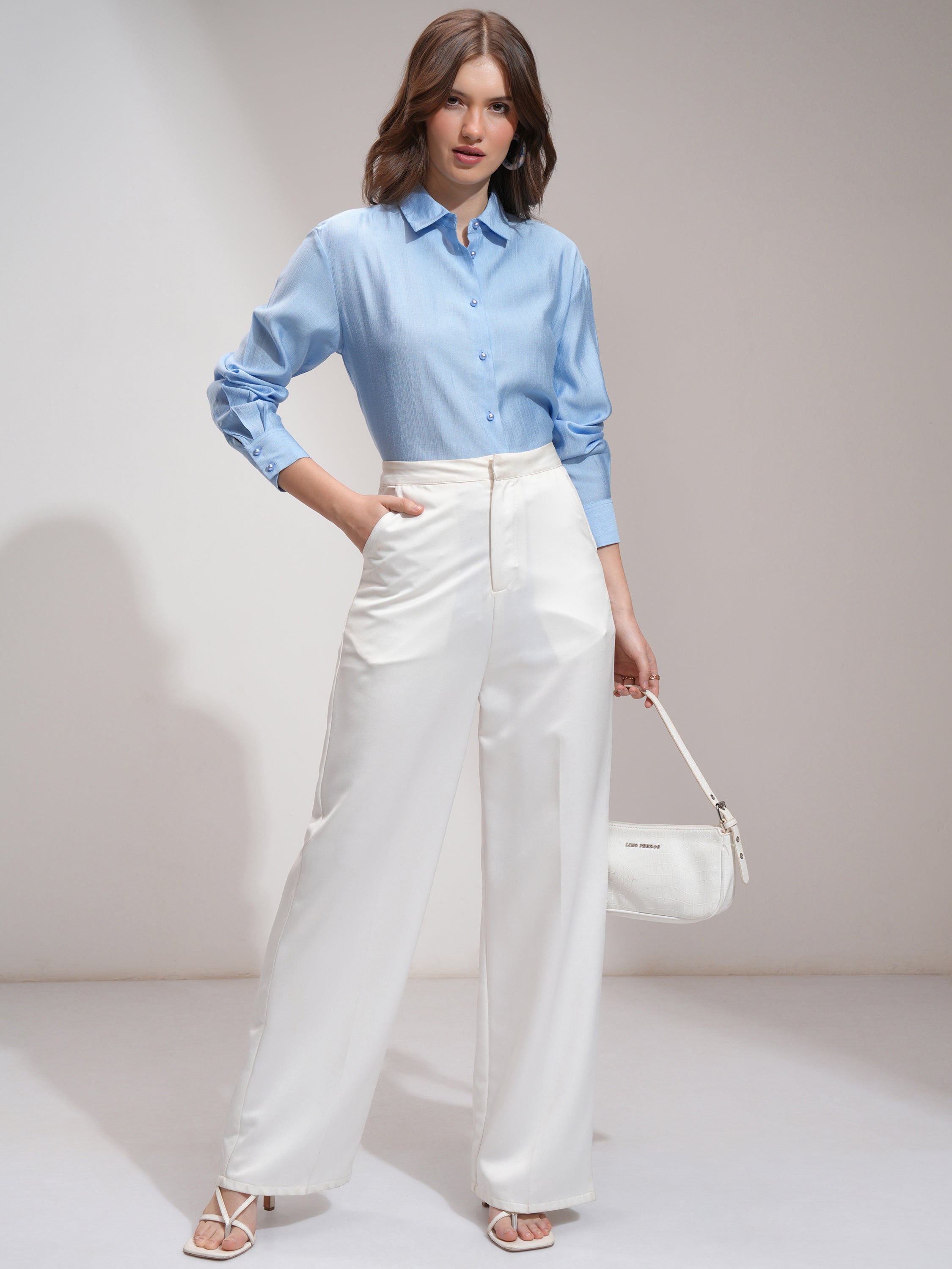 Tokyo Talkies Women Blue Solid Casual Shirt - Blue - Image 2