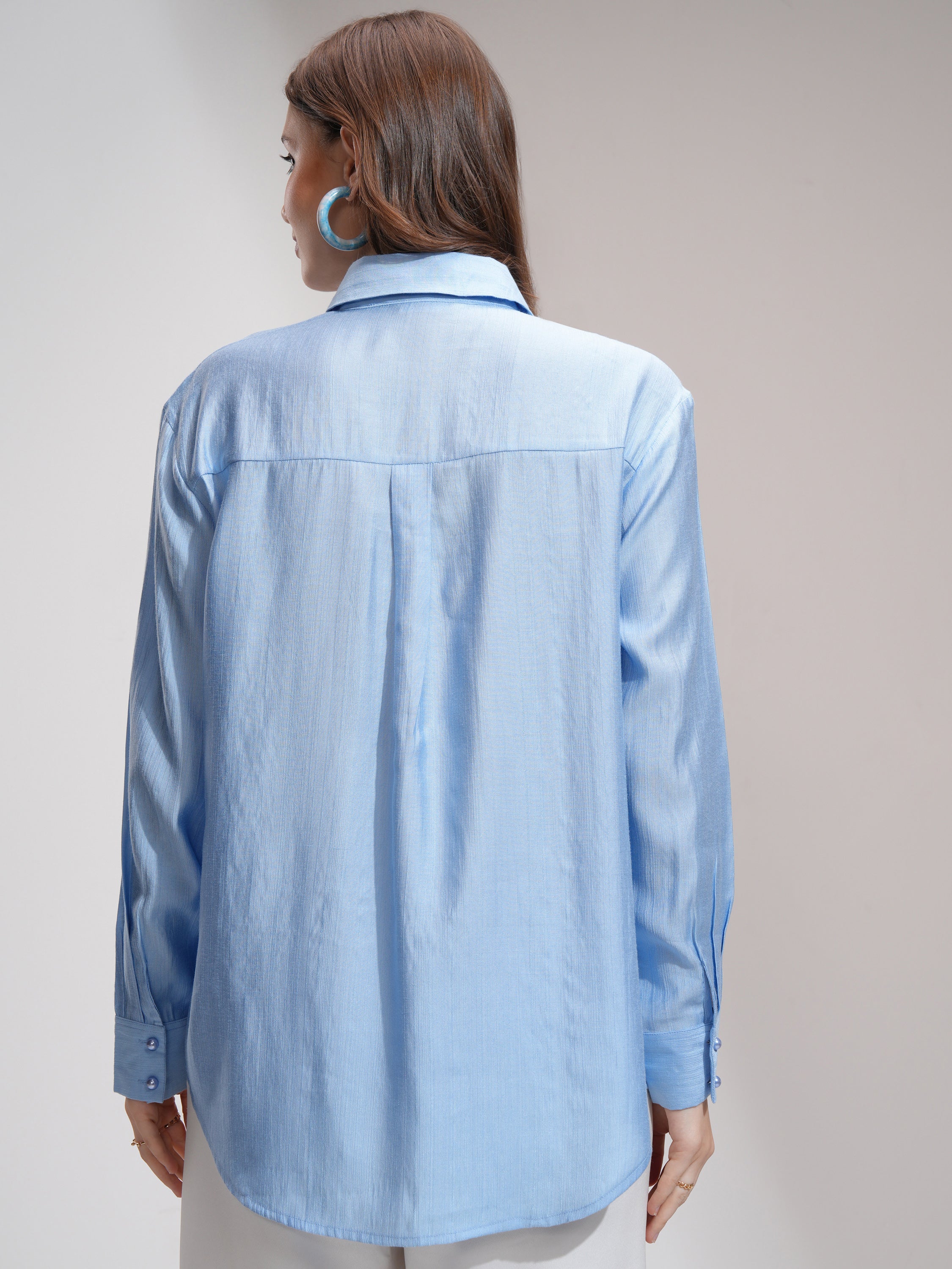 Tokyo Talkies Women Blue Solid Casual Shirt - Blue - Image 3
