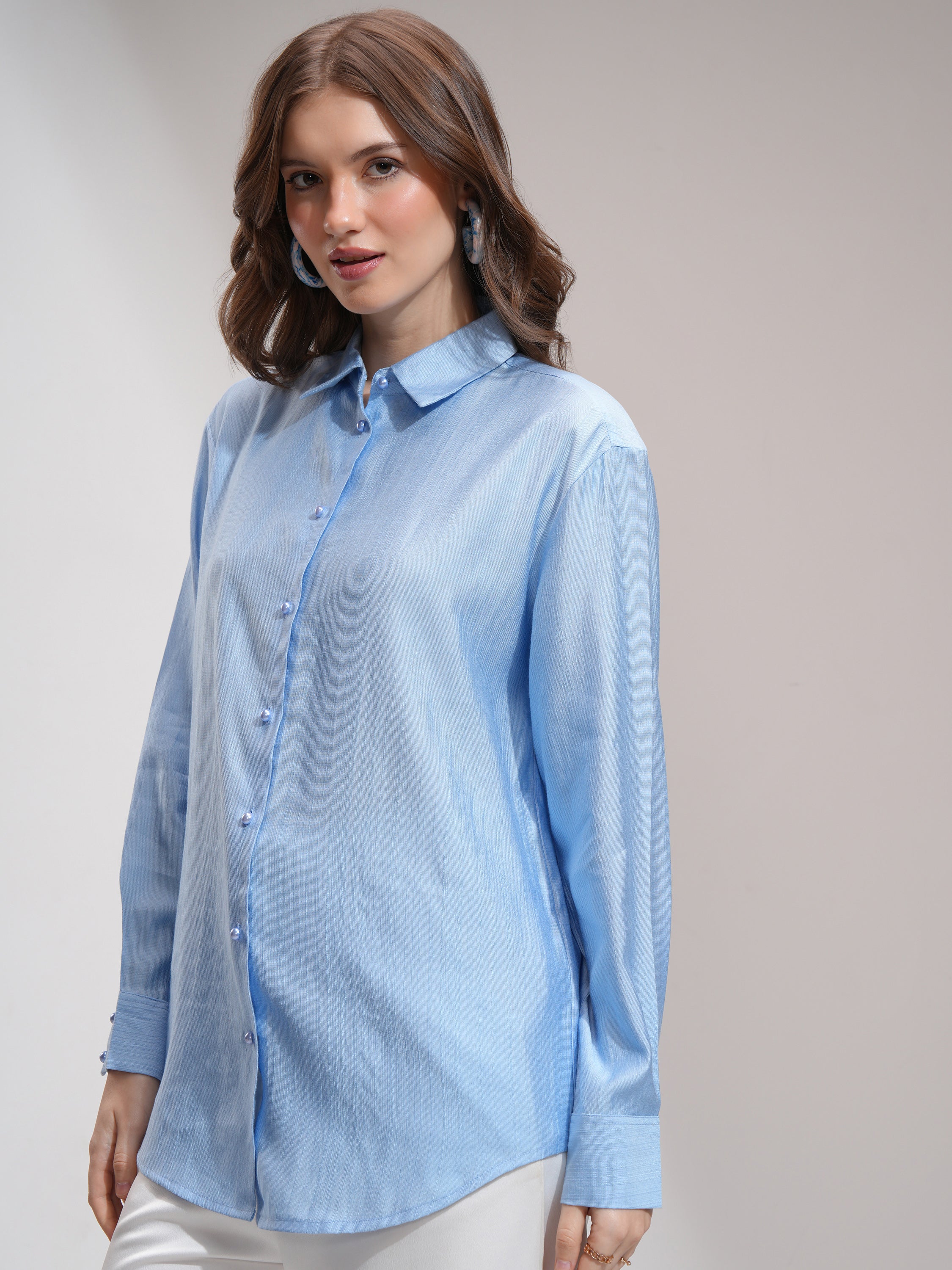 Tokyo Talkies Women Blue Solid Casual Shirt - Blue - Image 4