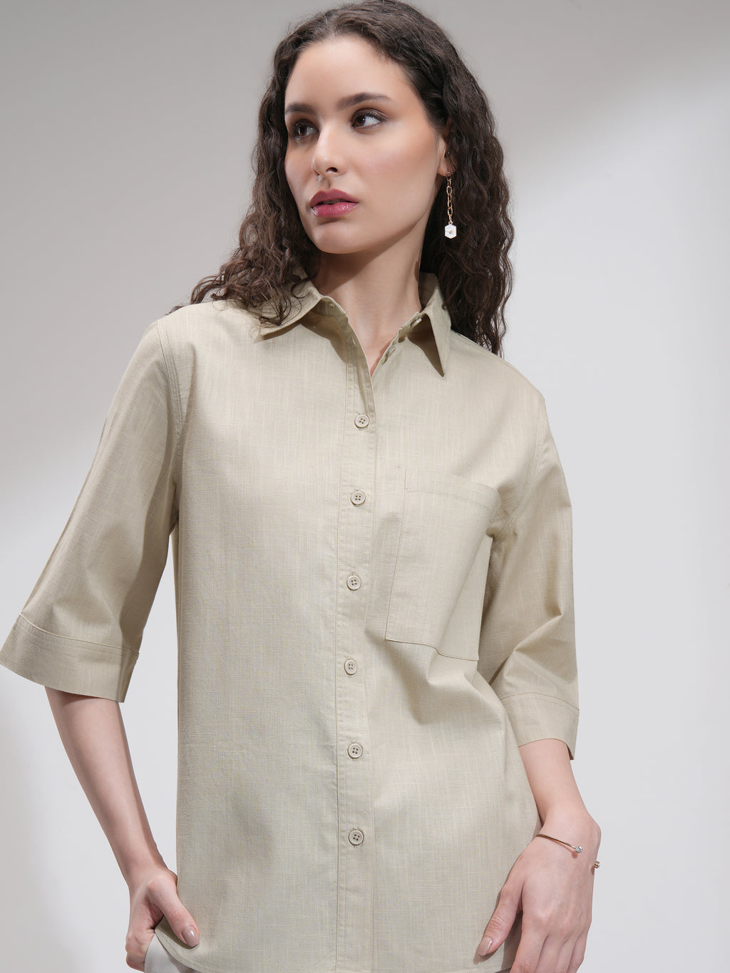 Tokyo Talkies Women Beige Solid Casual Shirt - Beige - Image 1