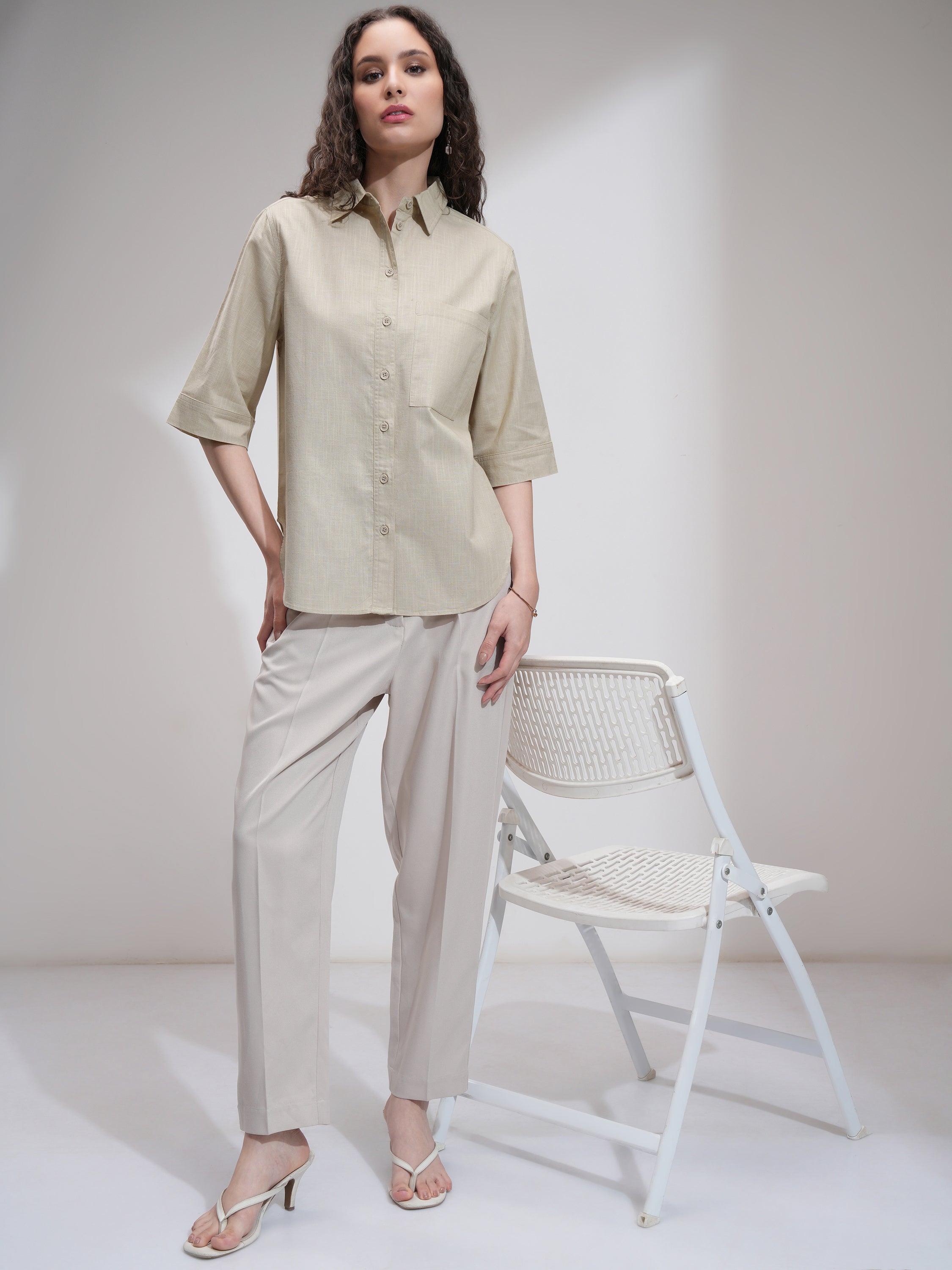 Tokyo Talkies Women Beige Solid Casual Shirt - Beige - Image 2