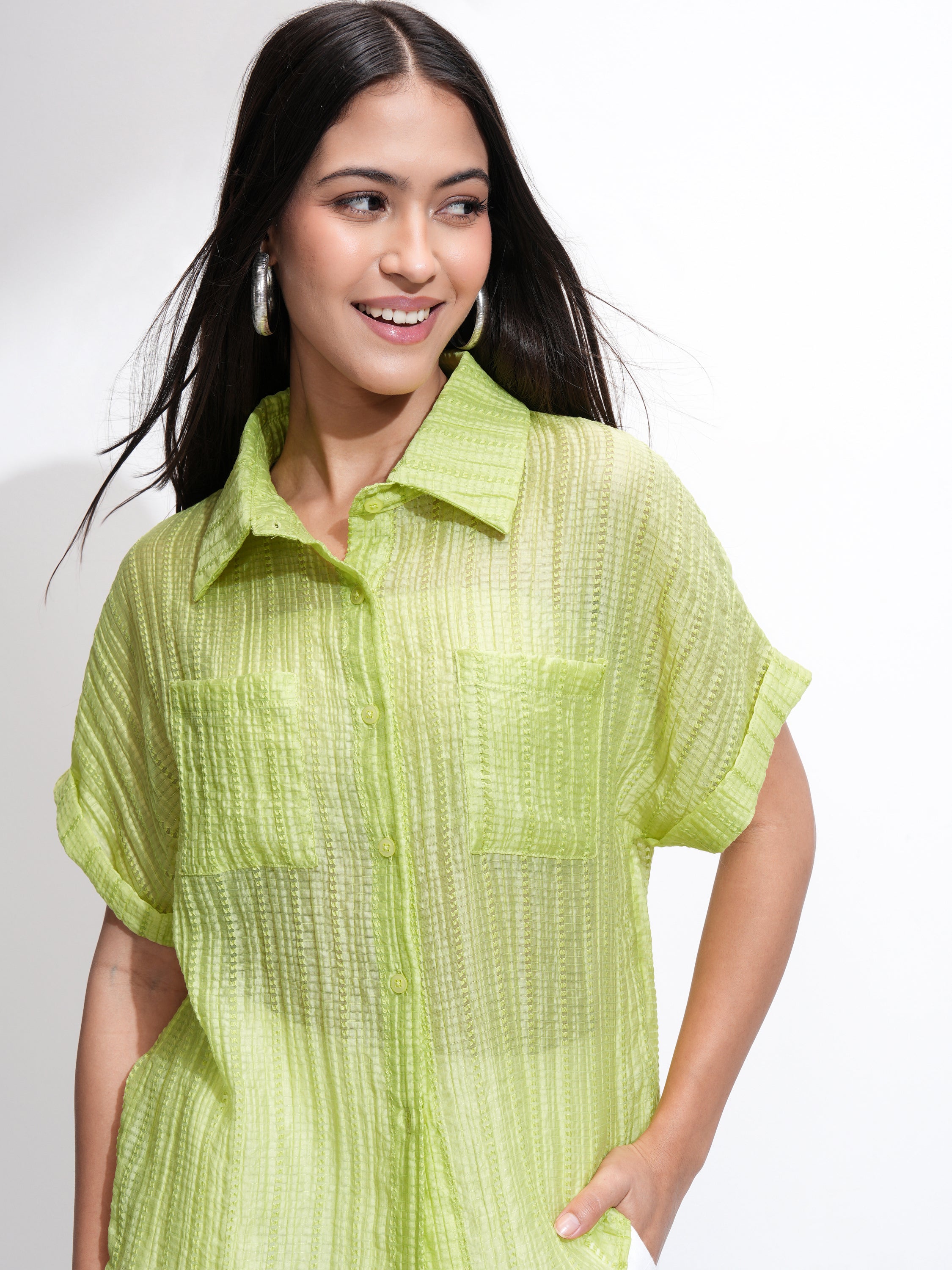 Tokyo Talkies Women Green Solid Regular Fit Casual Shirt - Green - Image 1