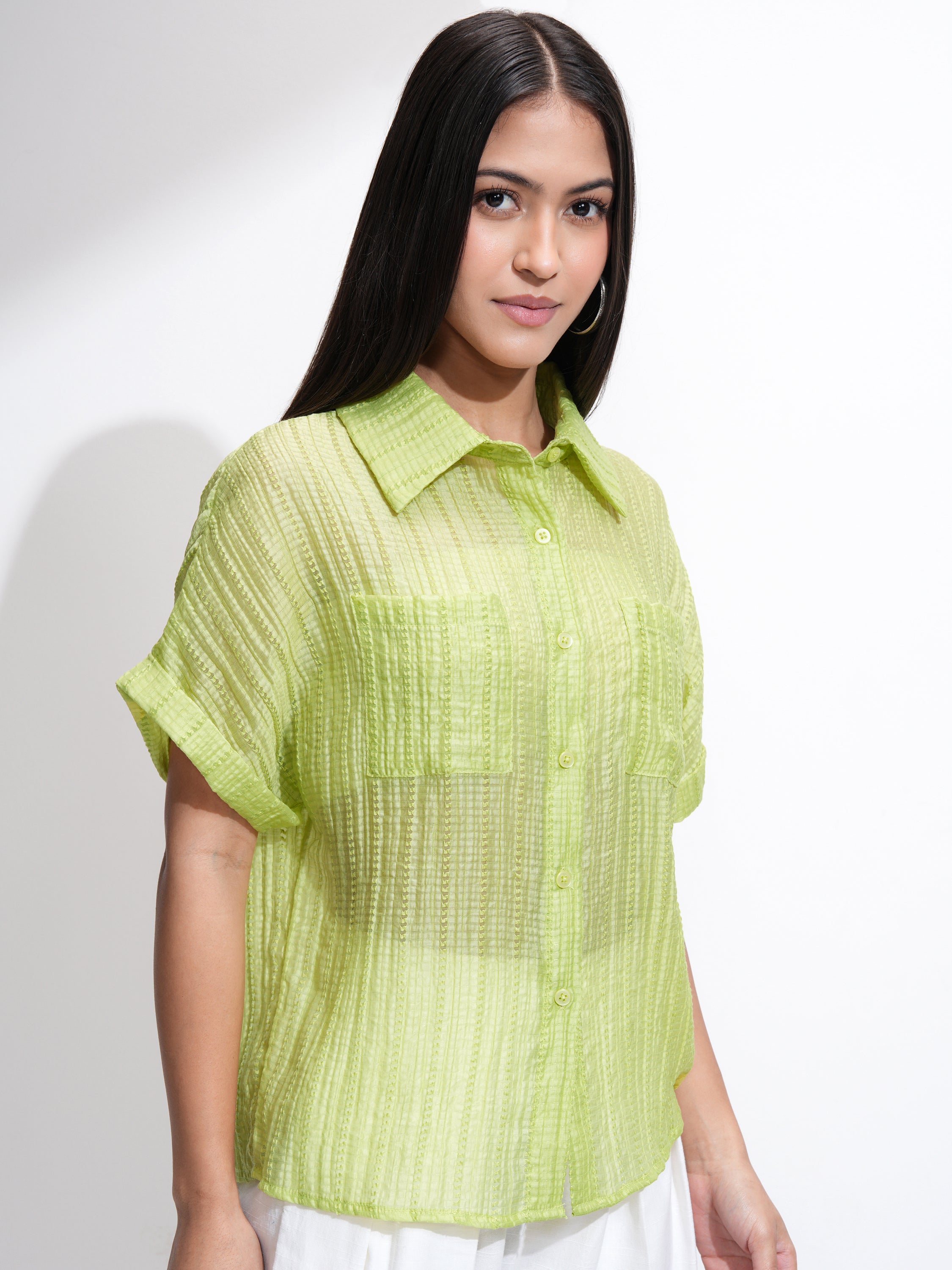 Tokyo Talkies Women Green Solid Regular Fit Casual Shirt - Green - Image 6