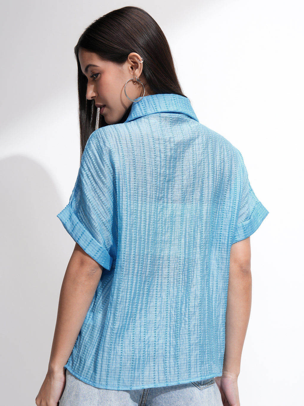 Tokyo Talkies Women Blue Solid Regular Fit Casual Shirt - Blue - Image 3