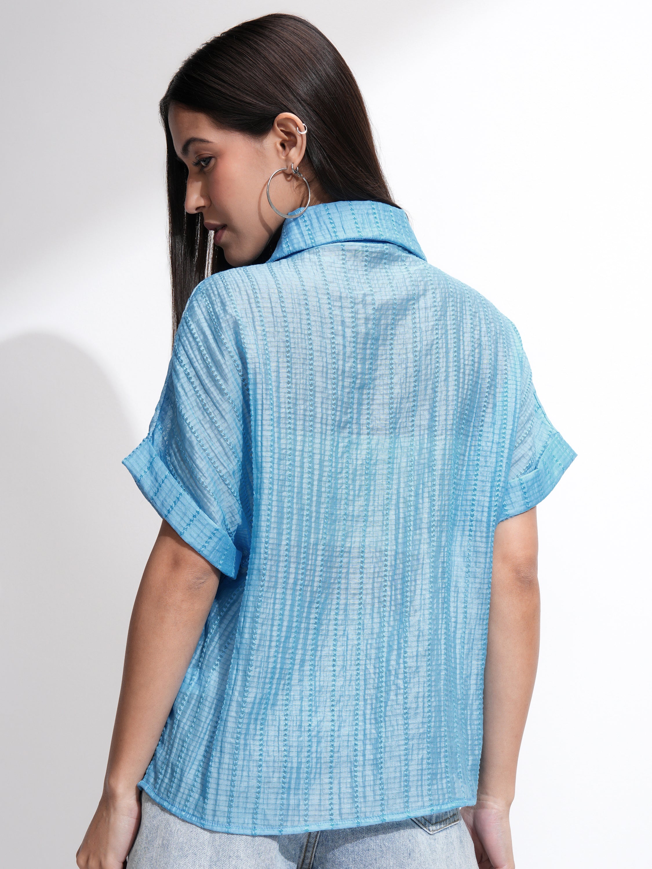 Tokyo Talkies Women Blue Solid Regular Fit Casual Shirt - Blue - Image 3