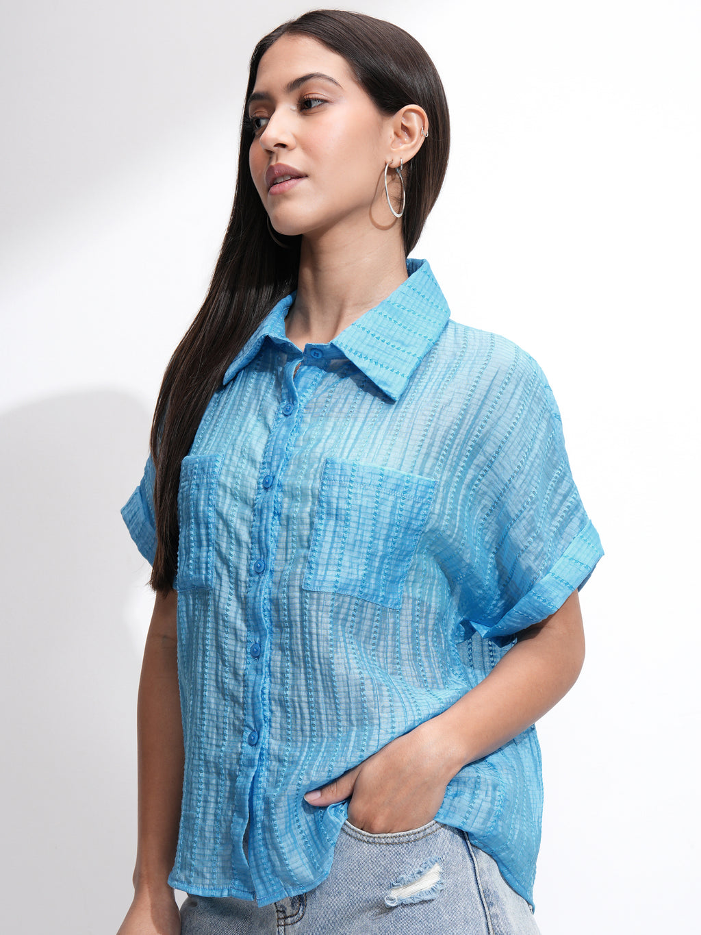 Tokyo Talkies Women Blue Solid Regular Fit Casual Shirt - Blue - Image 4