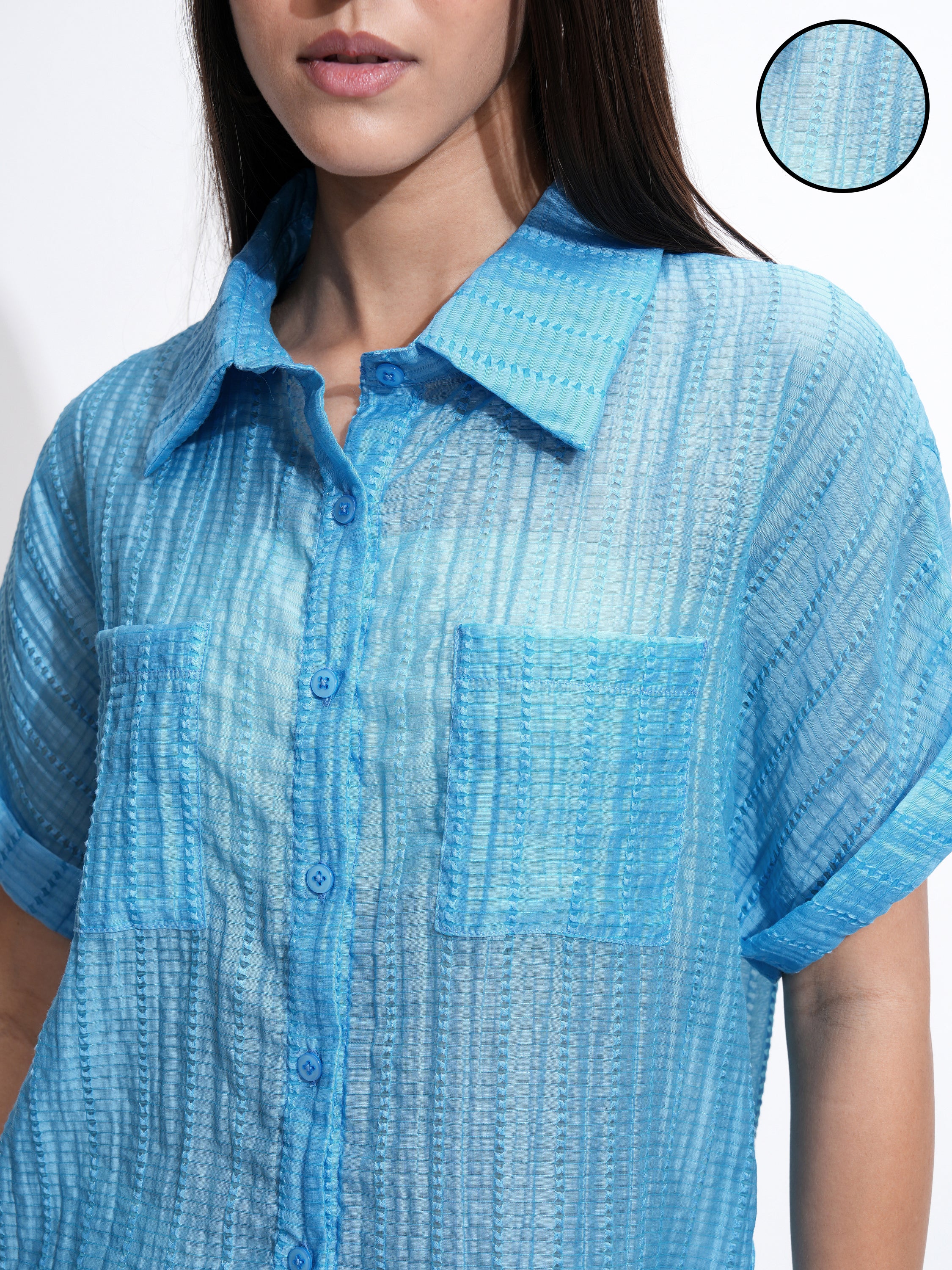 Tokyo Talkies Women Blue Solid Regular Fit Casual Shirt - Blue - Image 5
