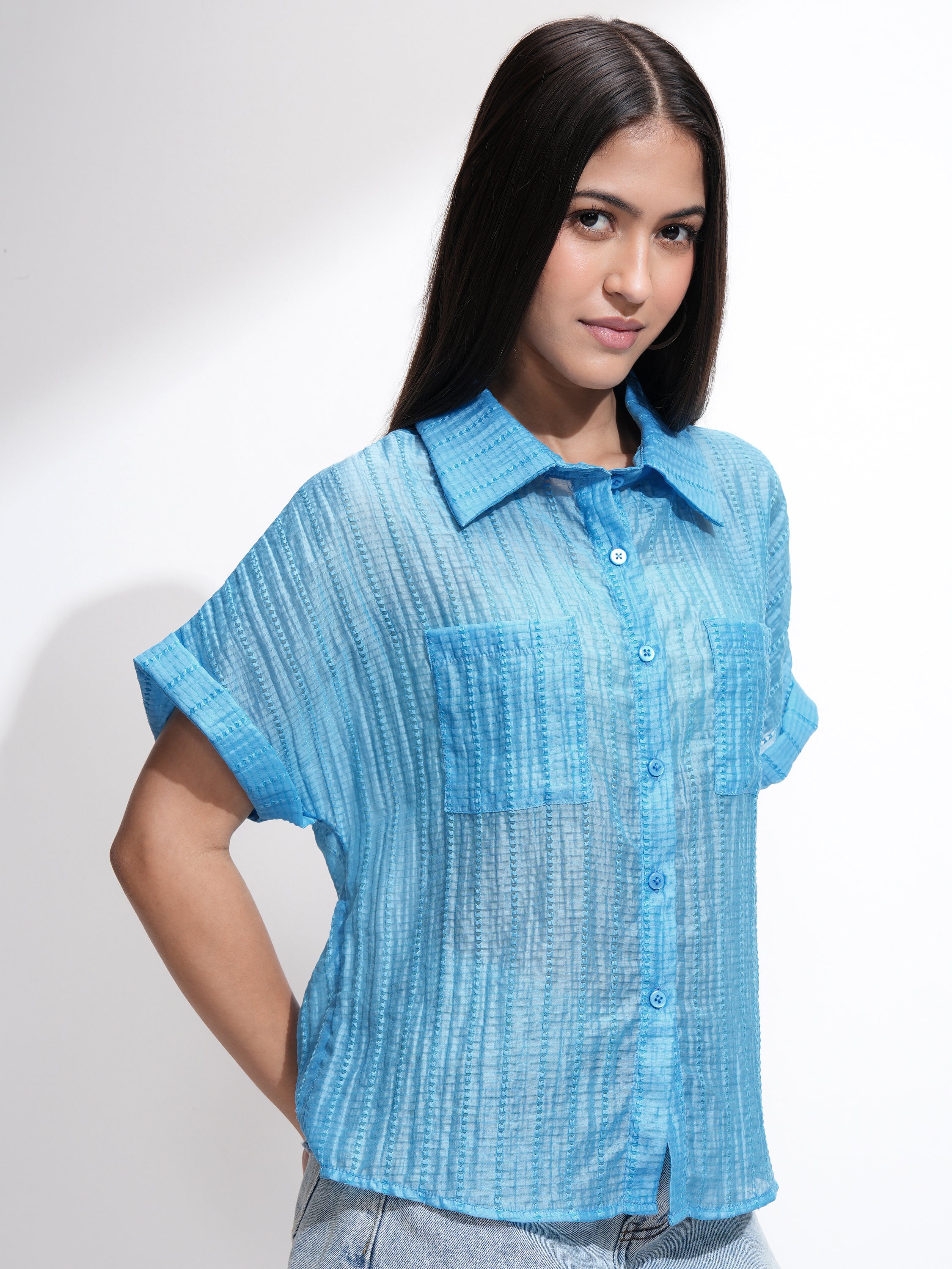 Tokyo Talkies Women Blue Solid Regular Fit Casual Shirt - Blue - Image 6