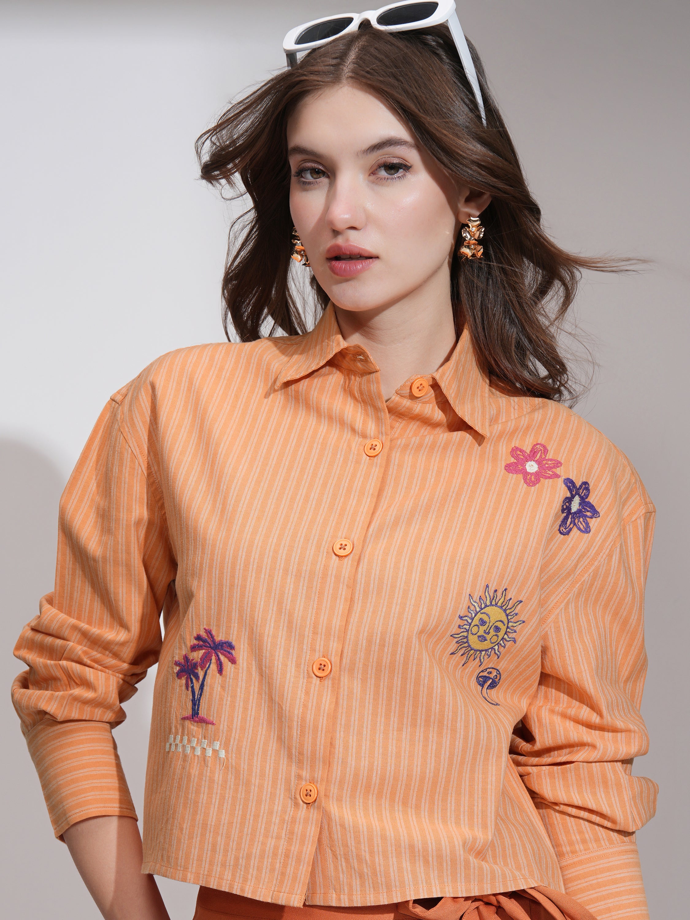 Tokyo Talkies Women Orange Striped Boxy Fit Casual Shirt - Orange - Image 1