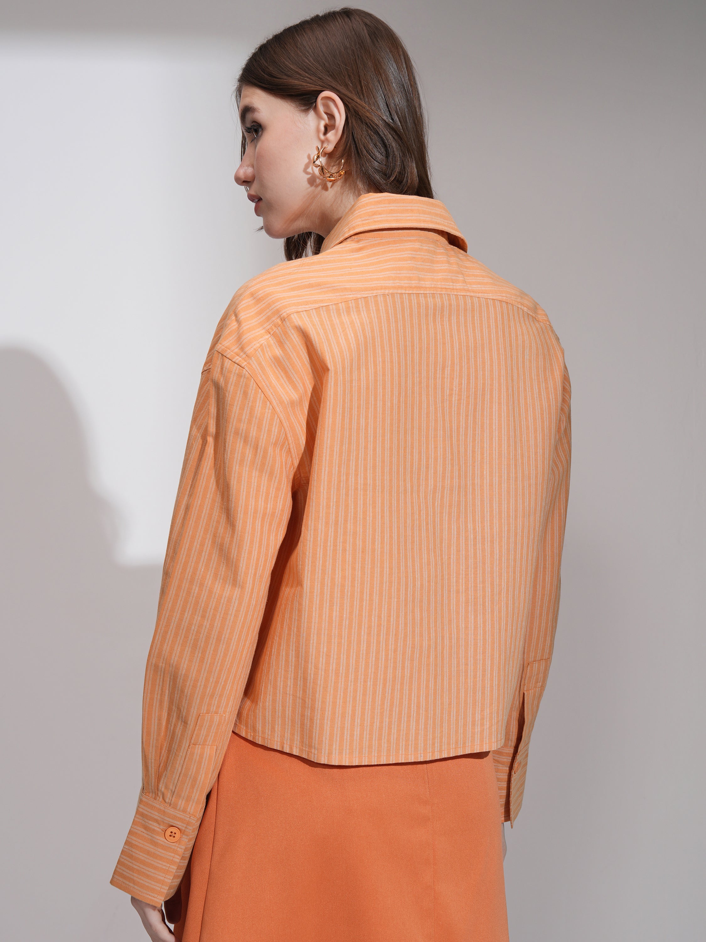 Tokyo Talkies Women Orange Striped Boxy Fit Casual Shirt - Orange - Image 3