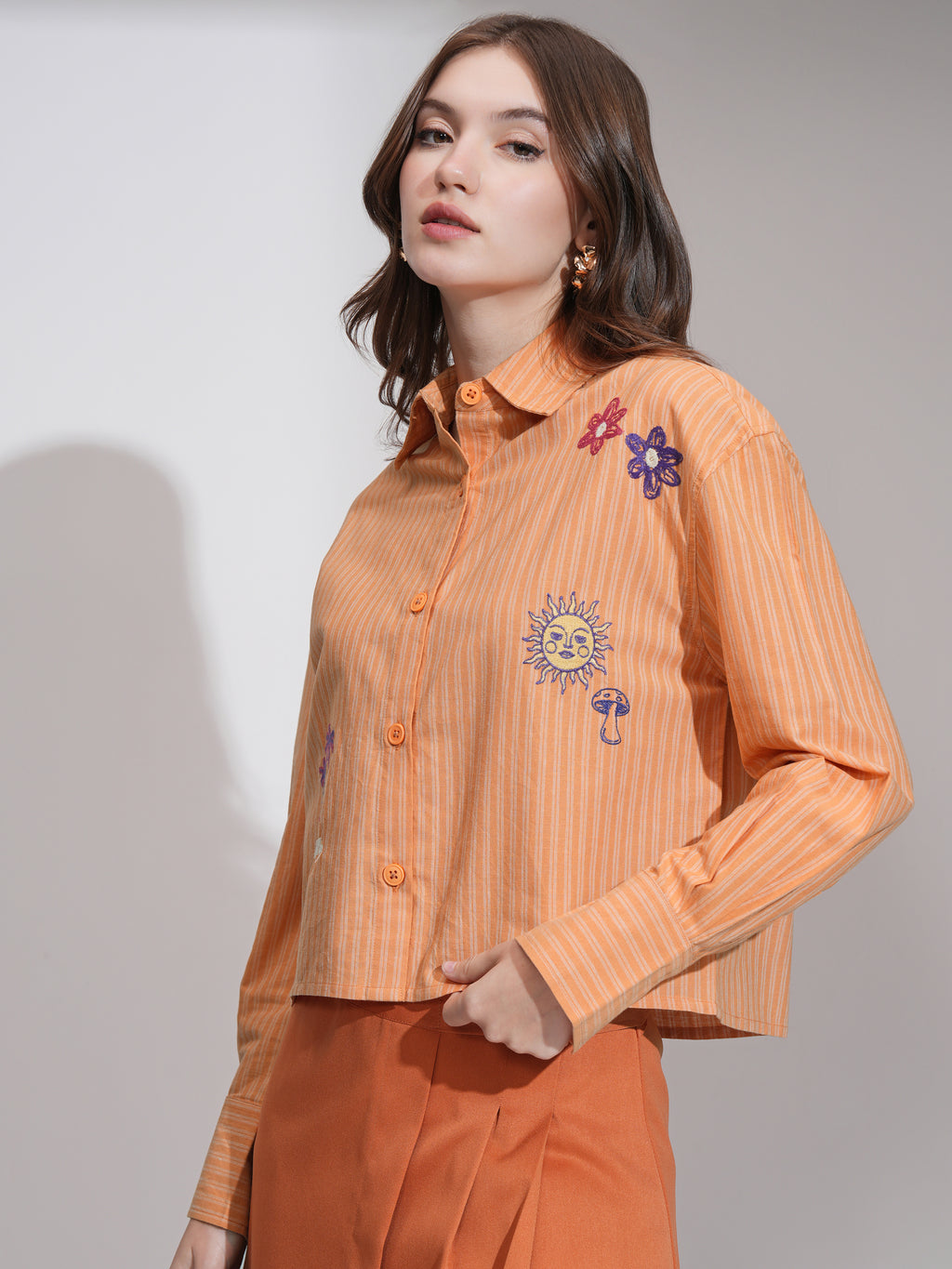 Tokyo Talkies Women Orange Striped Boxy Fit Casual Shirt - Orange - Image 4