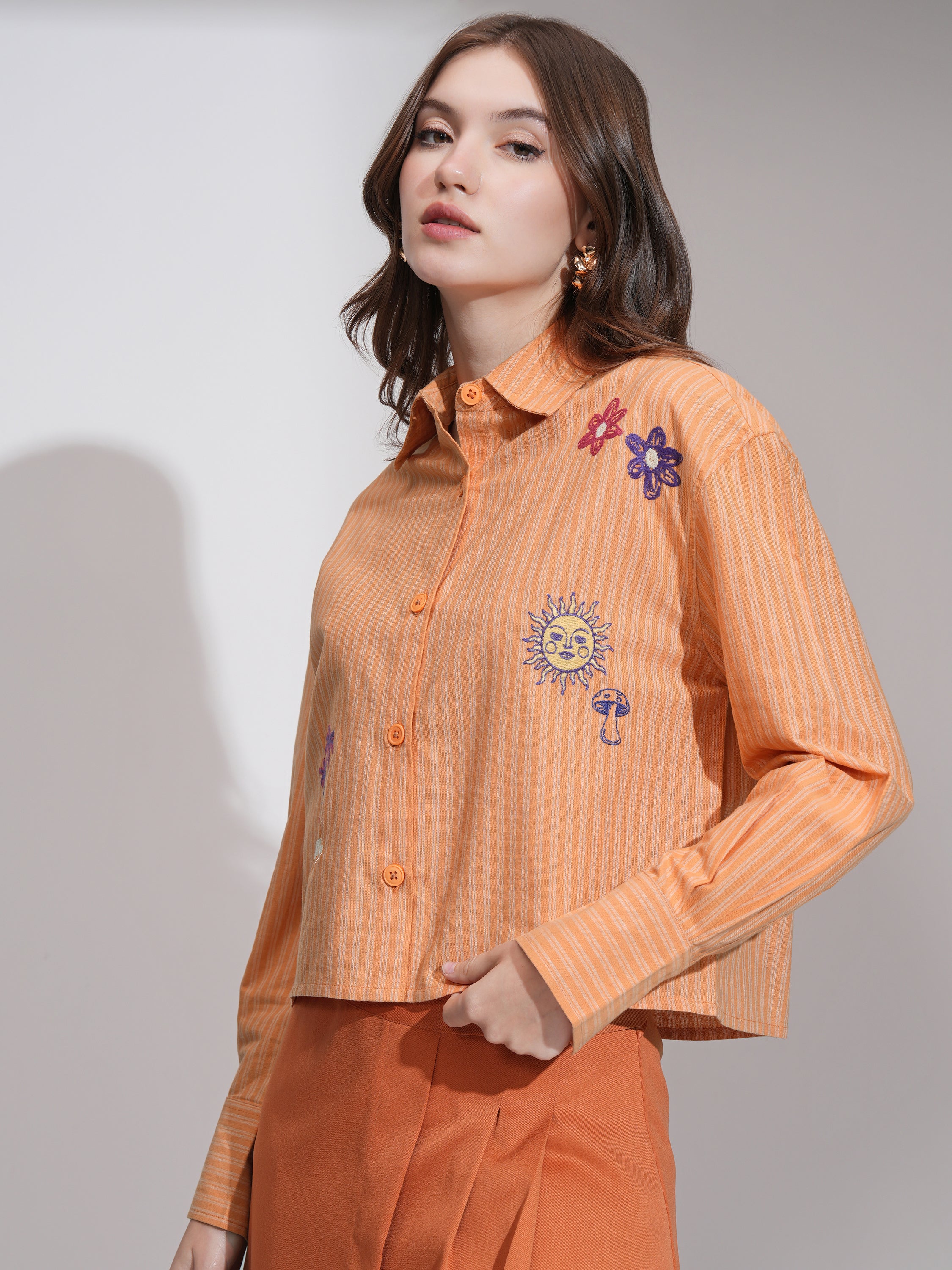Tokyo Talkies Women Orange Striped Boxy Fit Casual Shirt - Orange - Image 4