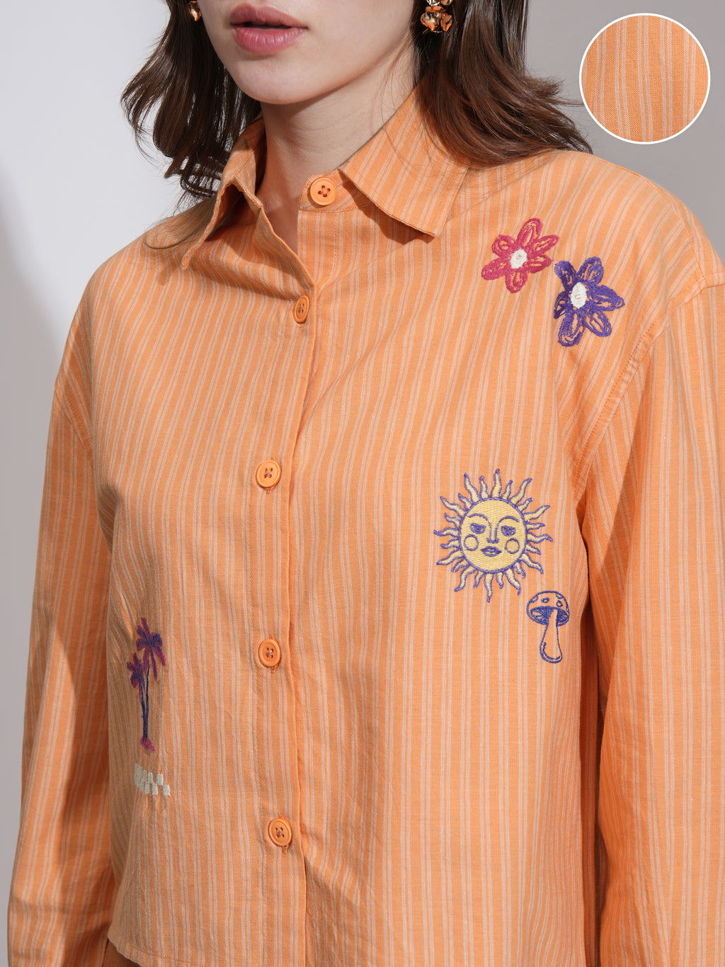 Tokyo Talkies Women Orange Striped Boxy Fit Casual Shirt - Orange - Image 5