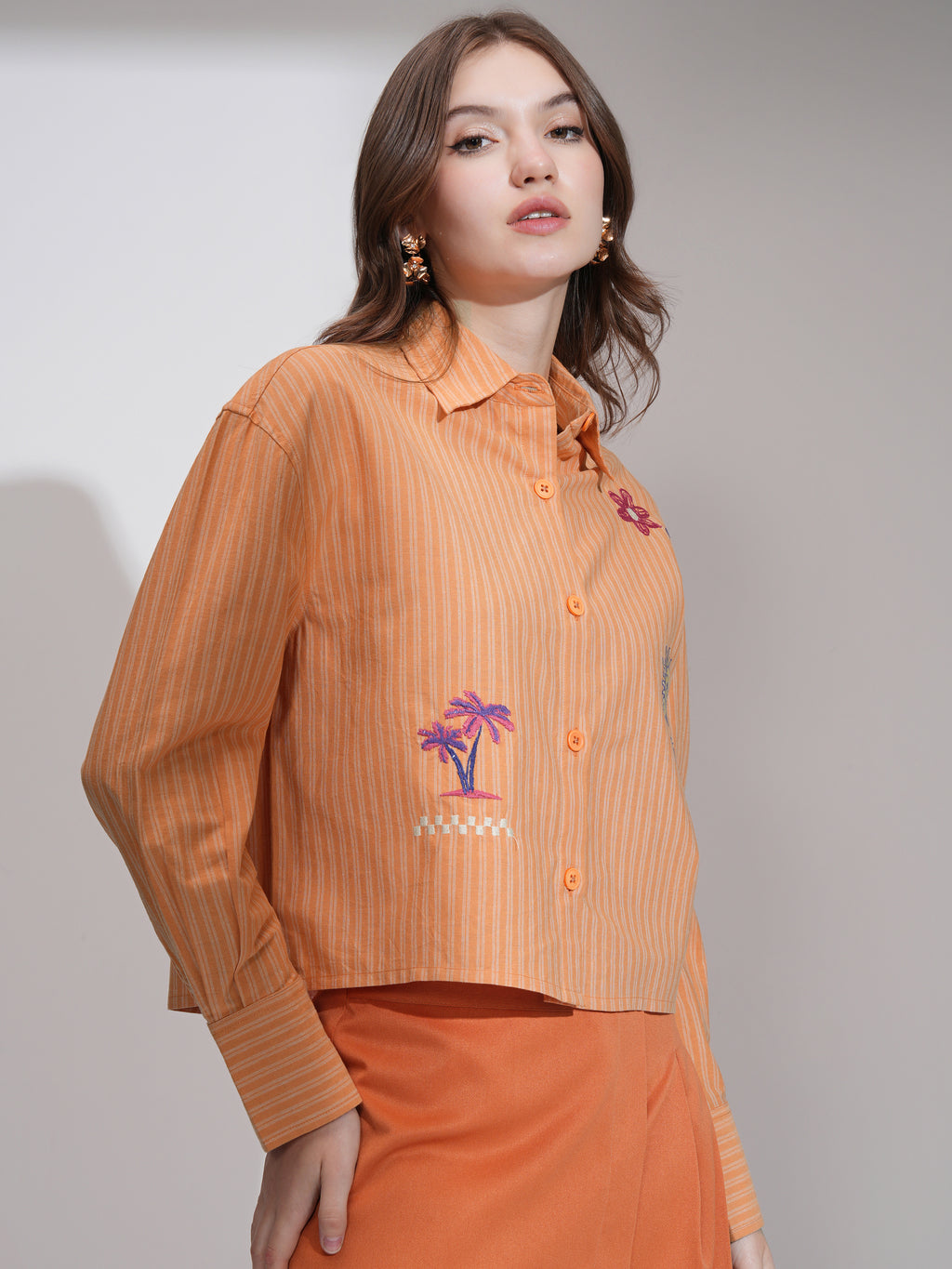 Tokyo Talkies Women Orange Striped Boxy Fit Casual Shirt - Orange - Image 6