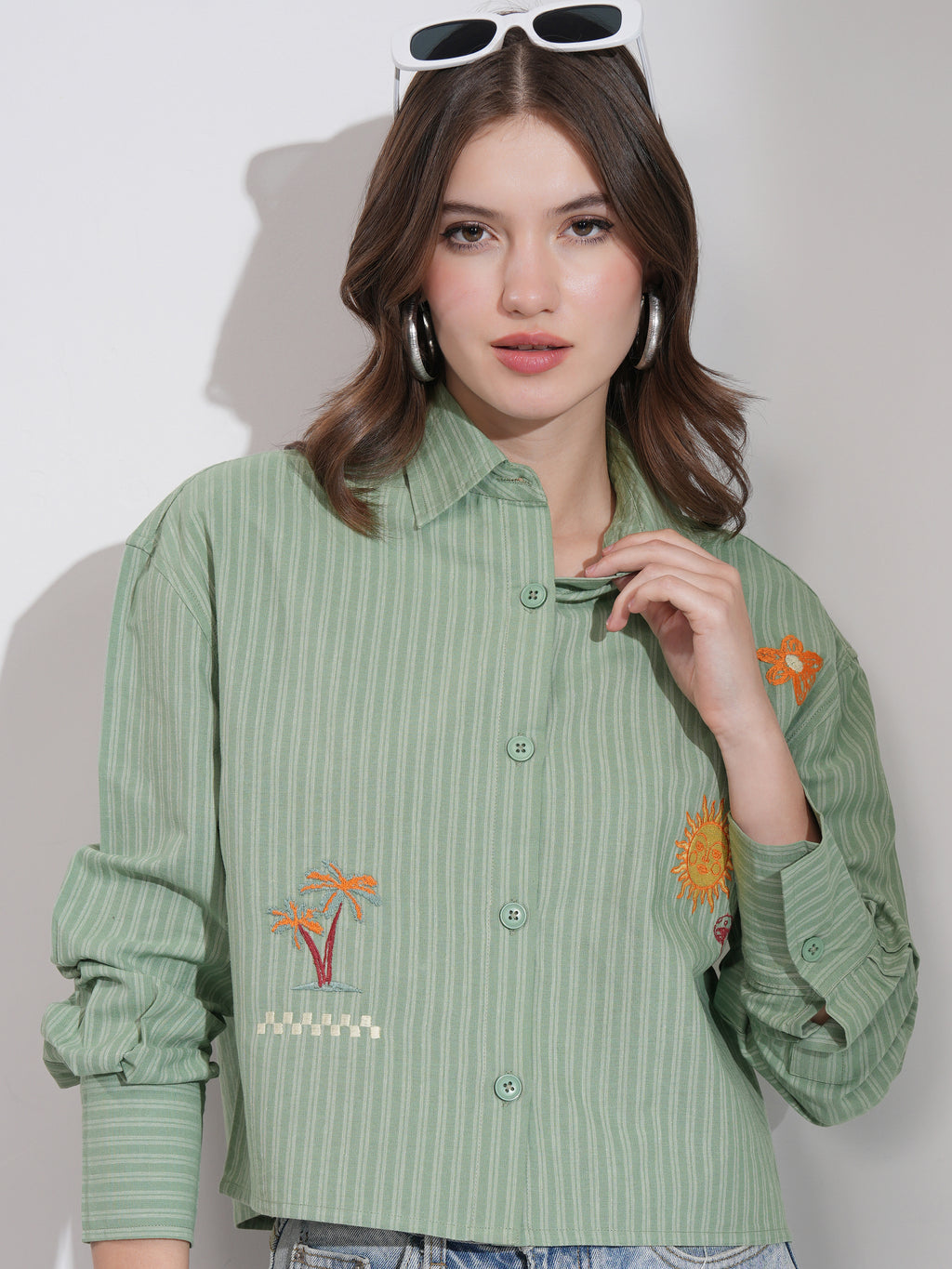 Tokyo Talkies Women Olive Striped Boxy Fit Casual Shirt - Olive - Image 1