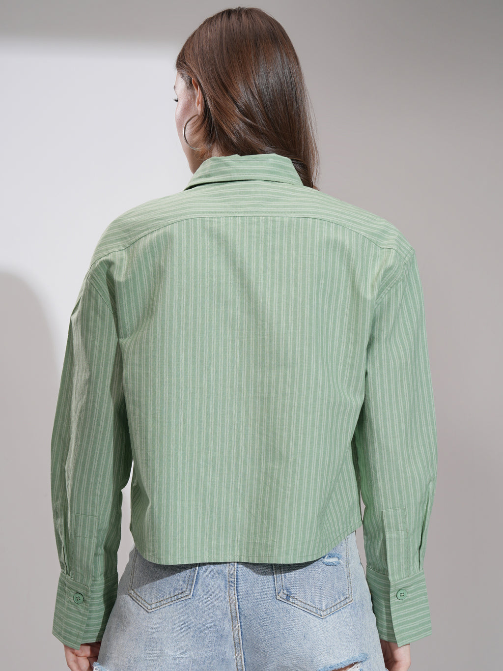 Tokyo Talkies Women Olive Striped Boxy Fit Casual Shirt - Olive - Image 3