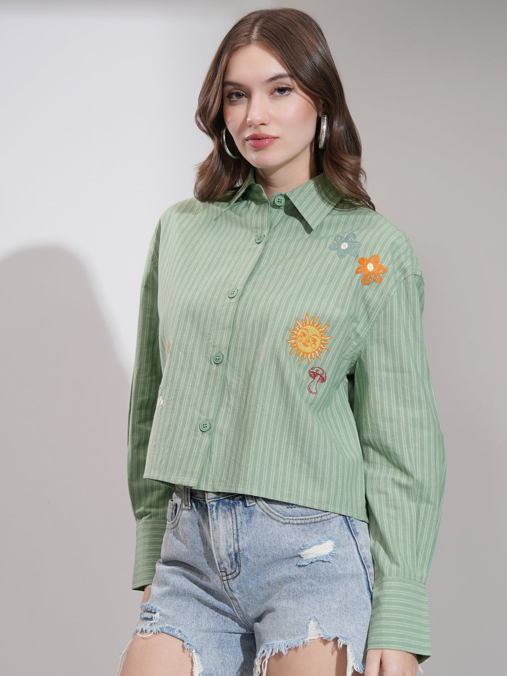 Tokyo Talkies Women Olive Striped Boxy Fit Casual Shirt - Olive - Image 4