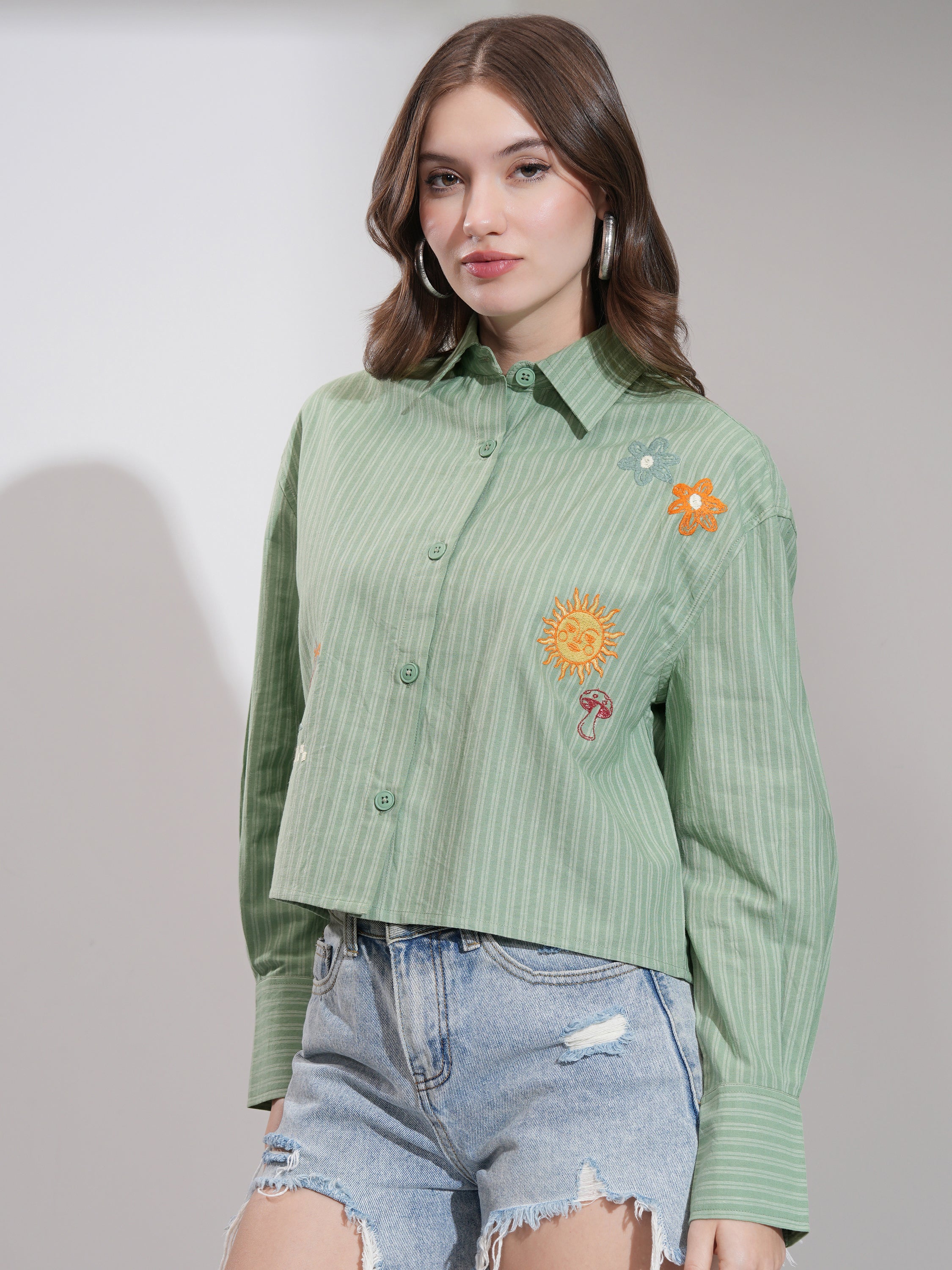 Tokyo Talkies Women Olive Striped Boxy Fit Casual Shirt - Olive - Image 4
