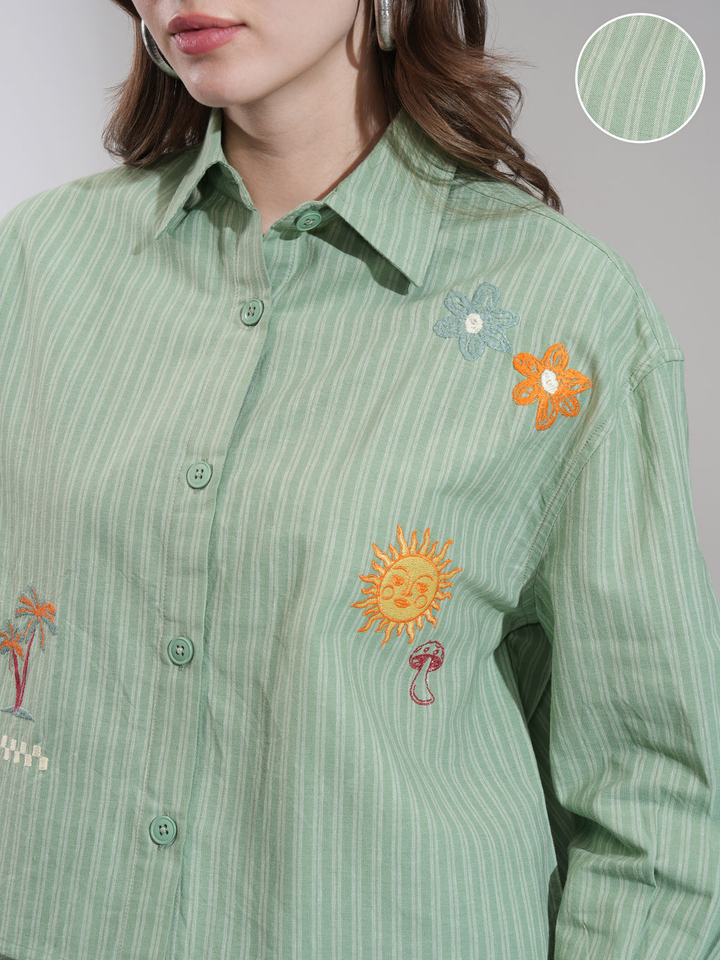 Tokyo Talkies Women Olive Striped Boxy Fit Casual Shirt - Olive - Image 5