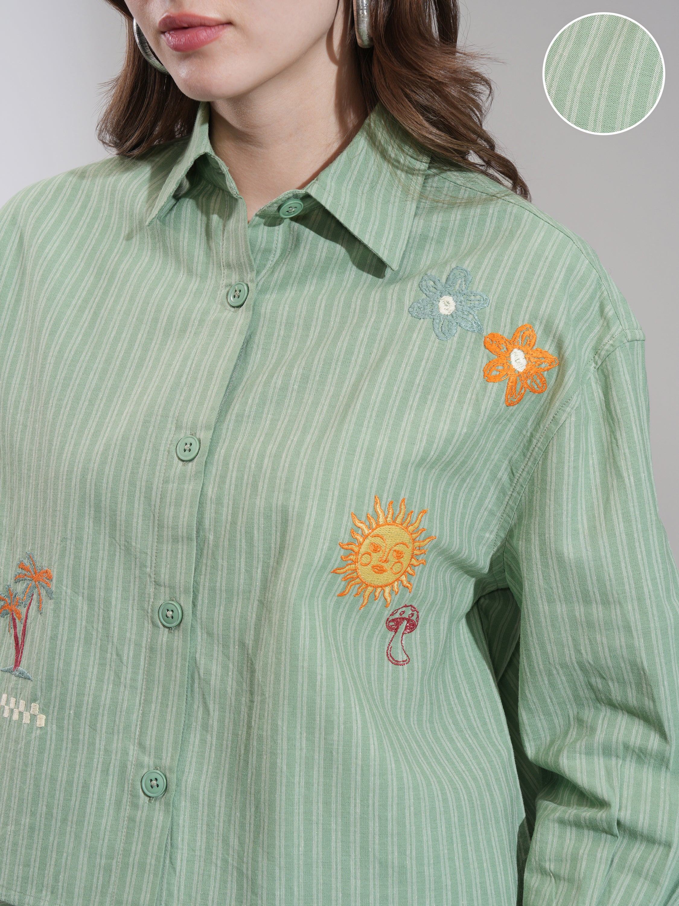 Tokyo Talkies Women Olive Striped Boxy Fit Casual Shirt - Olive - Image 5