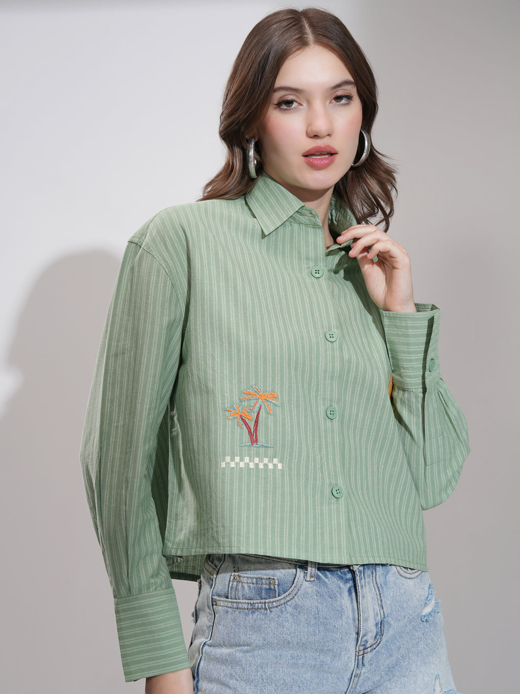 Tokyo Talkies Women Olive Striped Boxy Fit Casual Shirt - Olive - Image 6