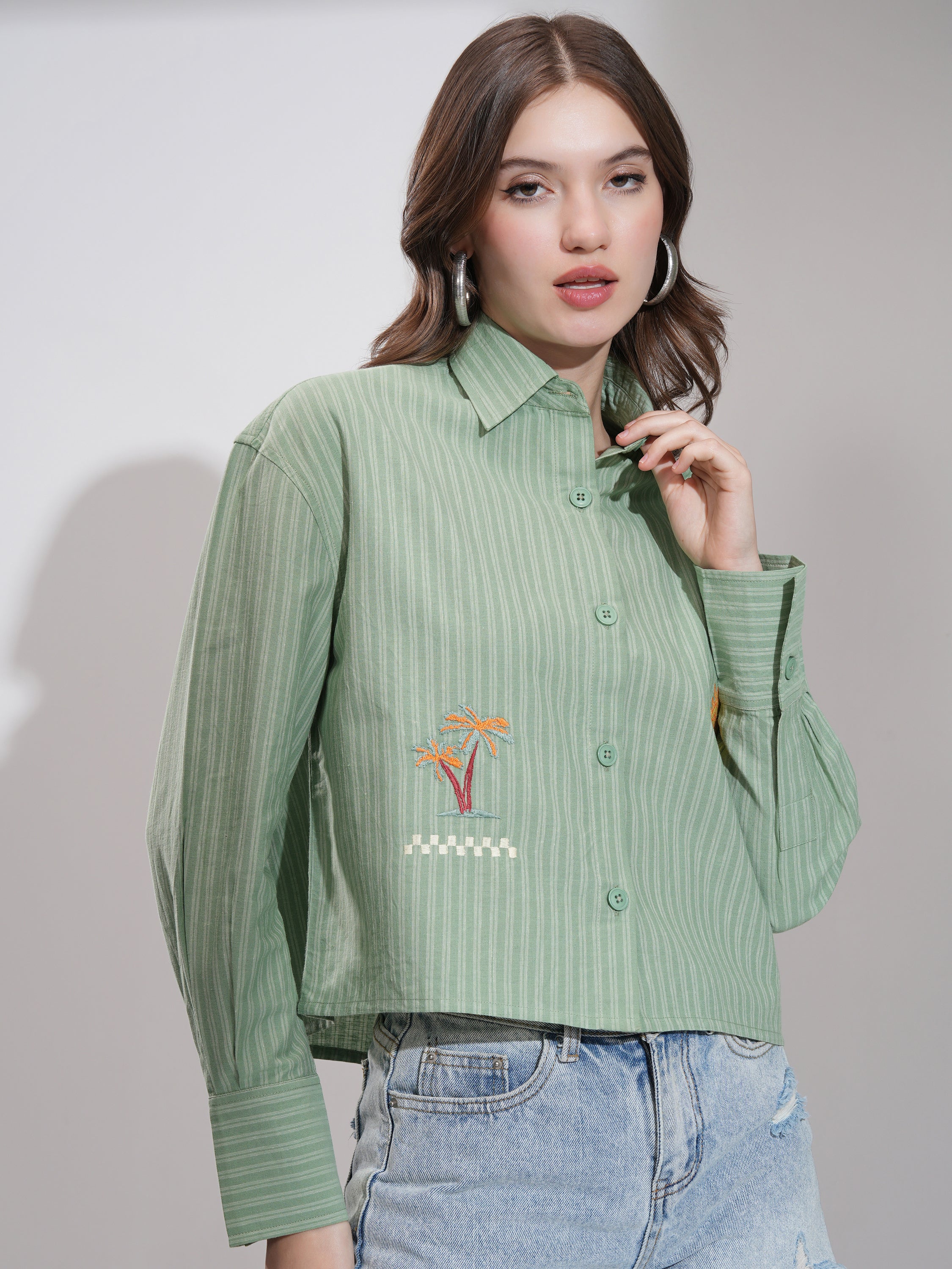 Tokyo Talkies Women Olive Striped Boxy Fit Casual Shirt - Olive - Image 6