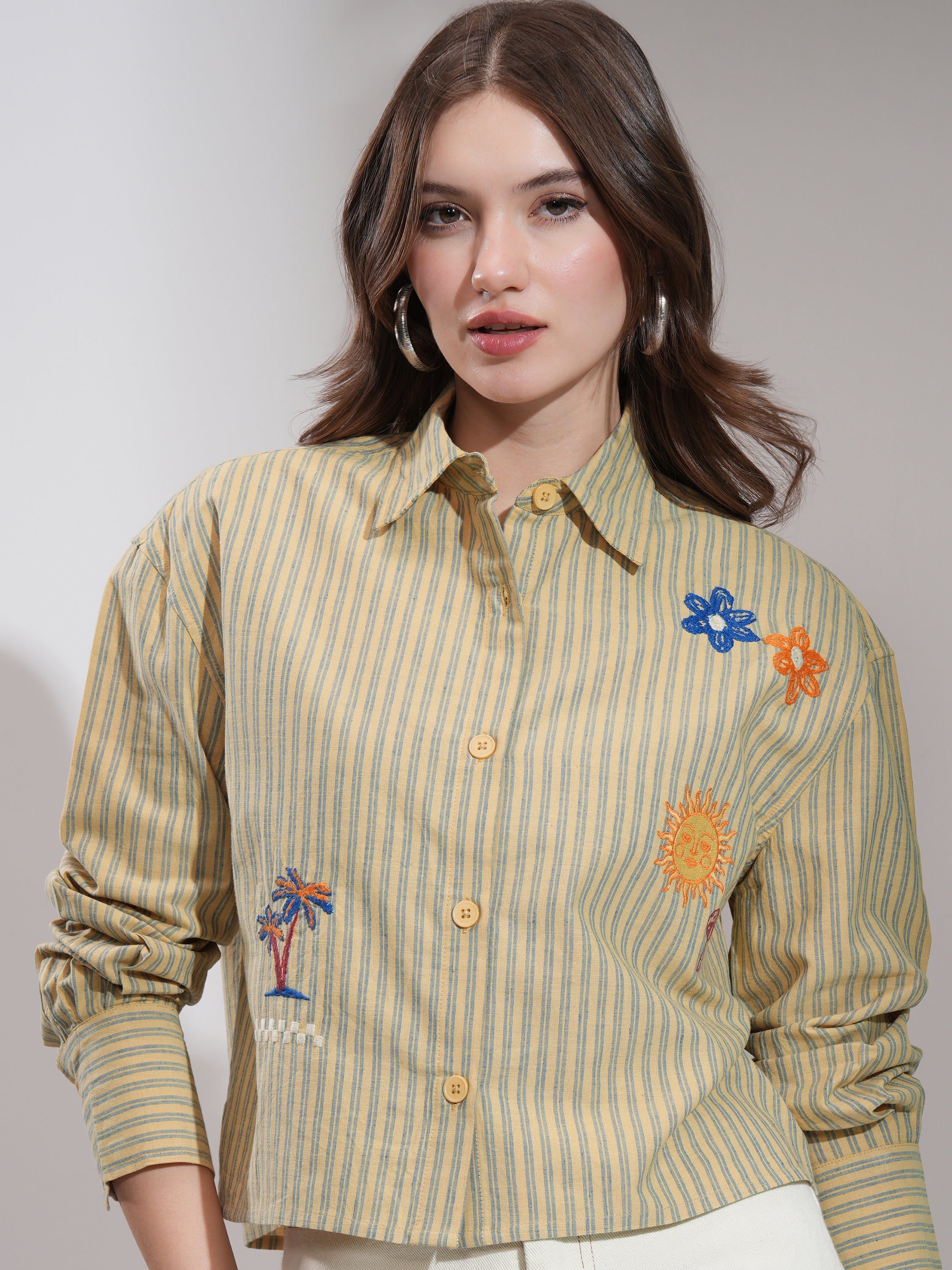 Tokyo Talkies Women Yellow Striped Boxy Fit Casual Shirt - Yellow - Image 1