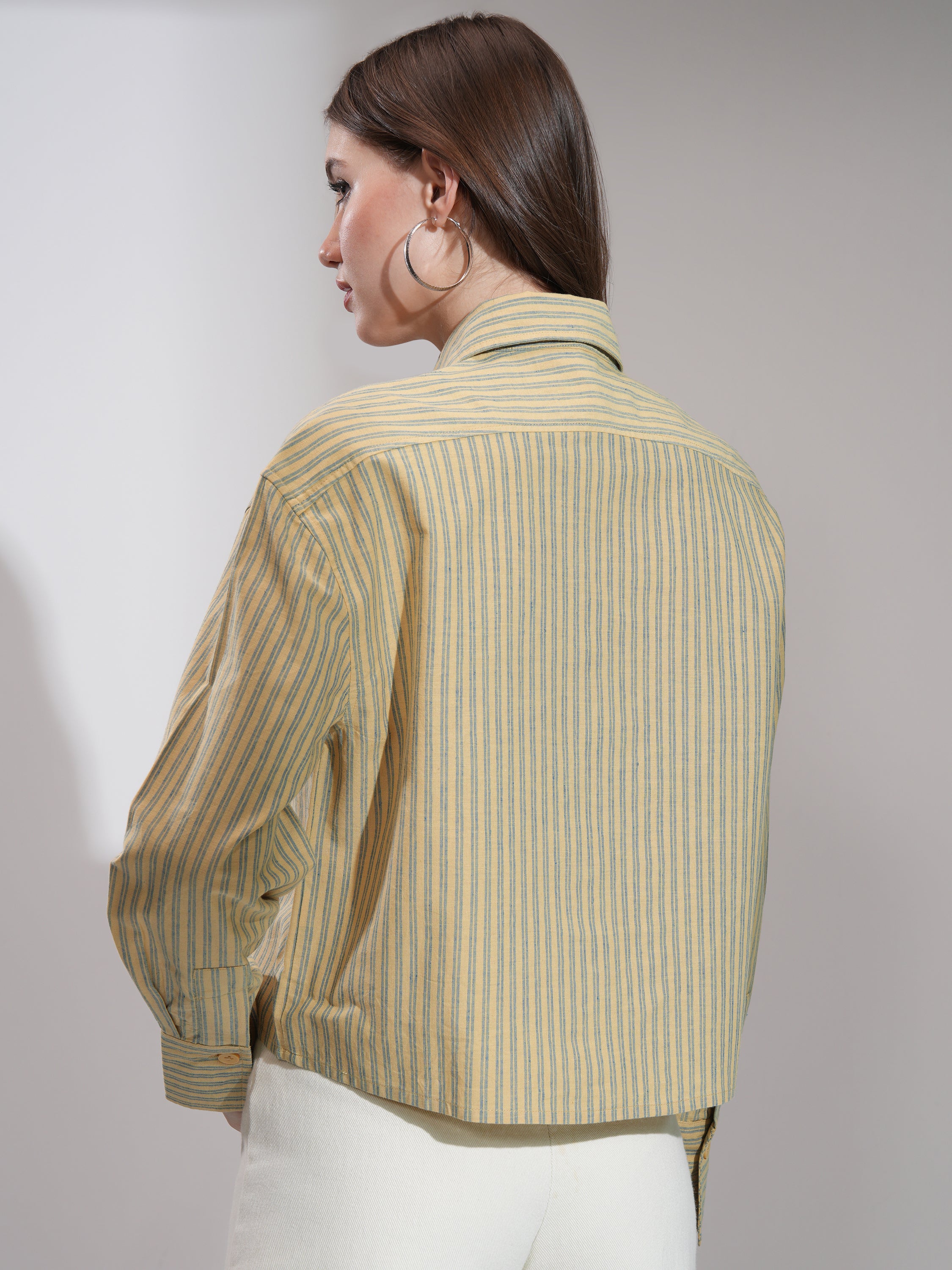 Tokyo Talkies Women Yellow Striped Boxy Fit Casual Shirt - Yellow - Image 3