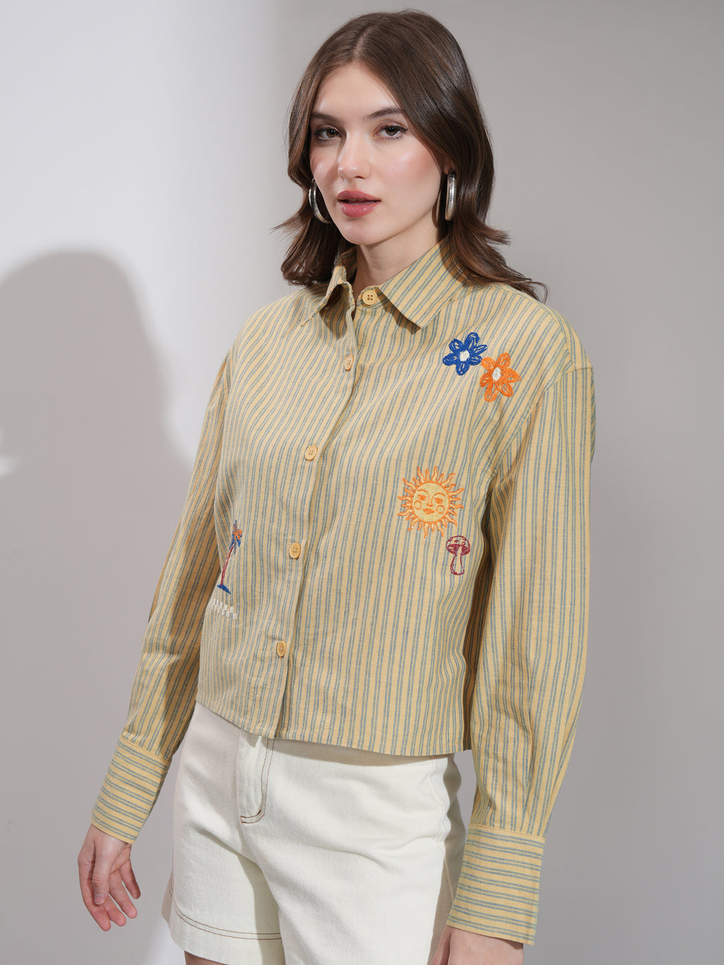 Tokyo Talkies Women Yellow Striped Boxy Fit Casual Shirt - Yellow - Image 4