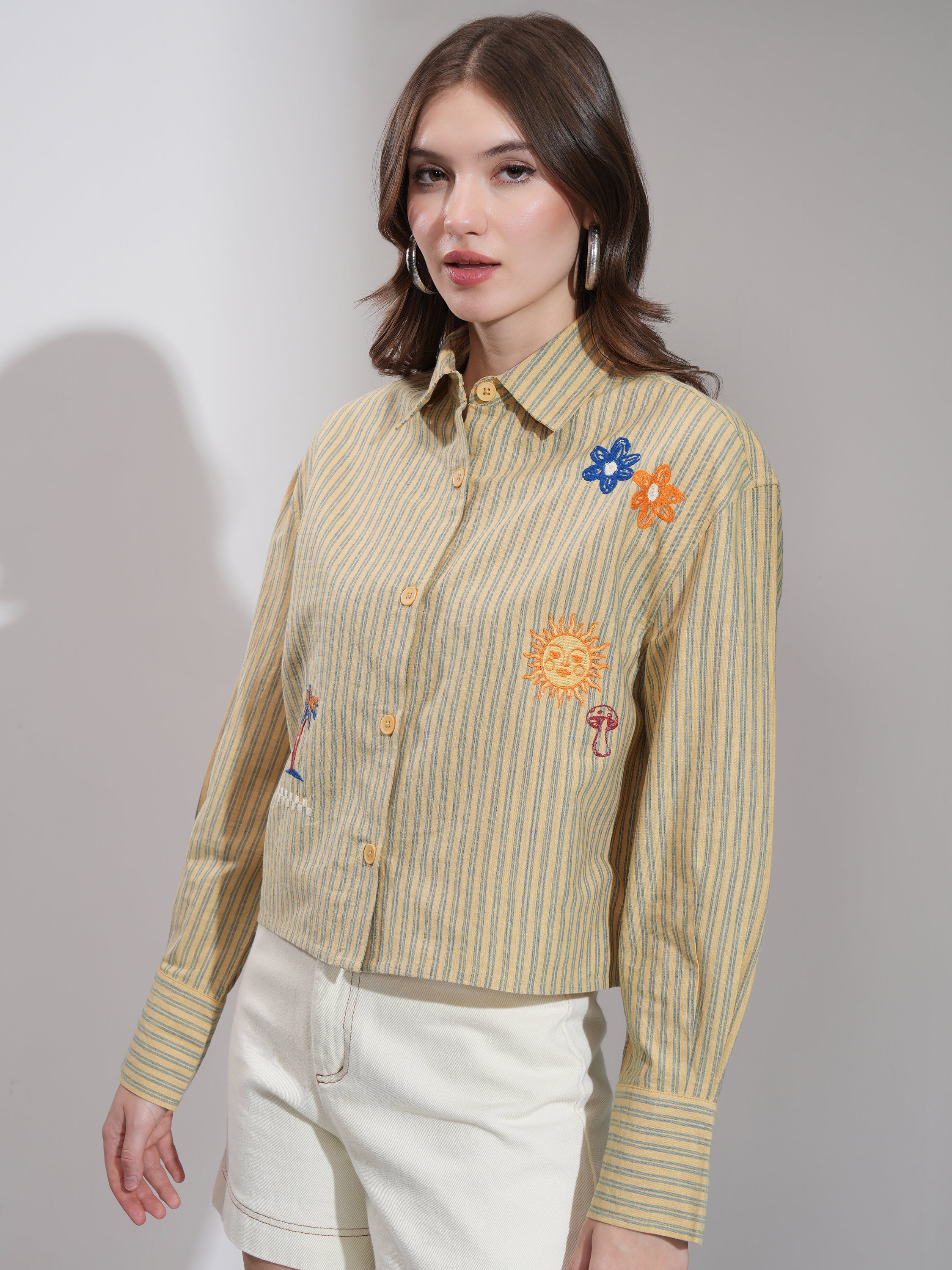 Tokyo Talkies Women Yellow Striped Boxy Fit Casual Shirt - Yellow - Image 4