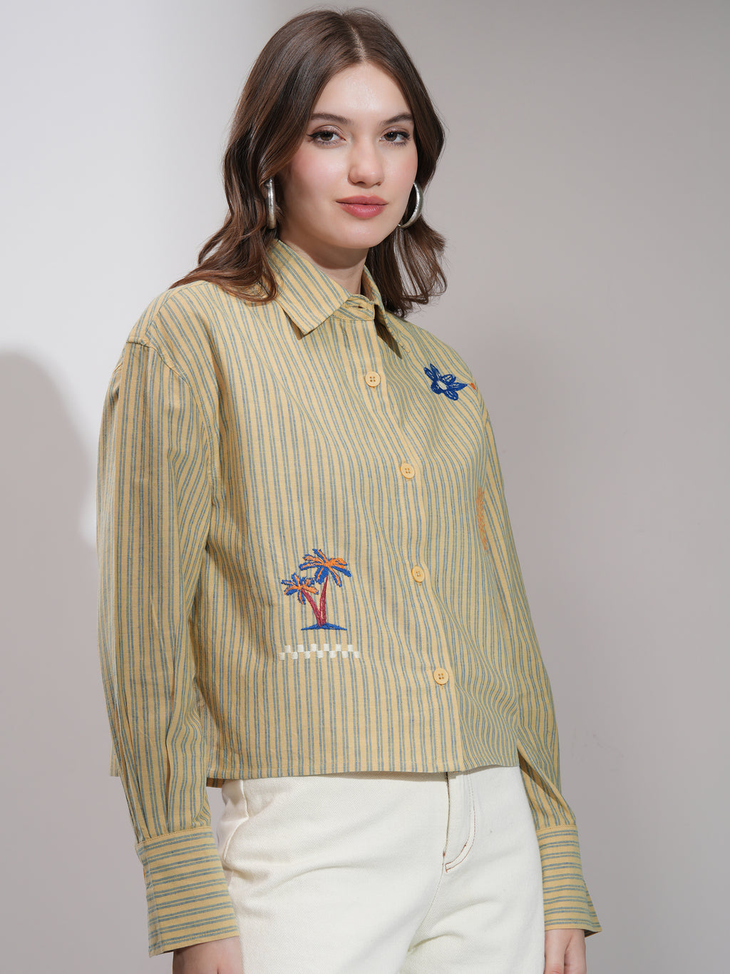 Tokyo Talkies Women Yellow Striped Boxy Fit Casual Shirt - Yellow - Image 6