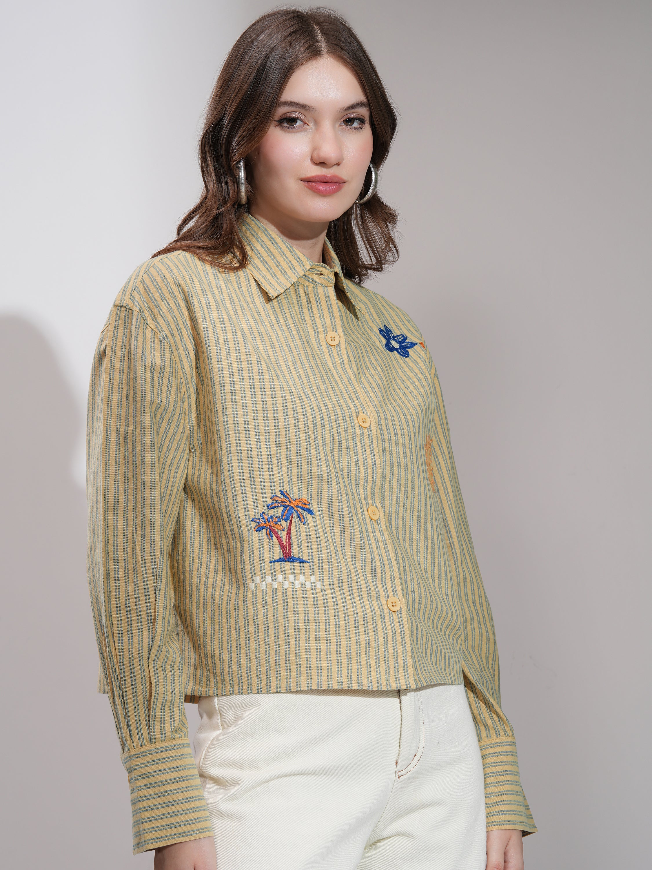 Tokyo Talkies Women Yellow Striped Boxy Fit Casual Shirt - Yellow - Image 6