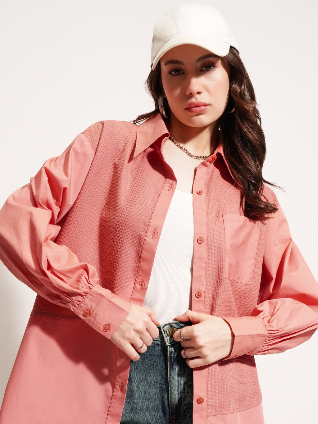 Tokyo Talkies Women Pink Self Design Casual Shirt - Pink - Image 1