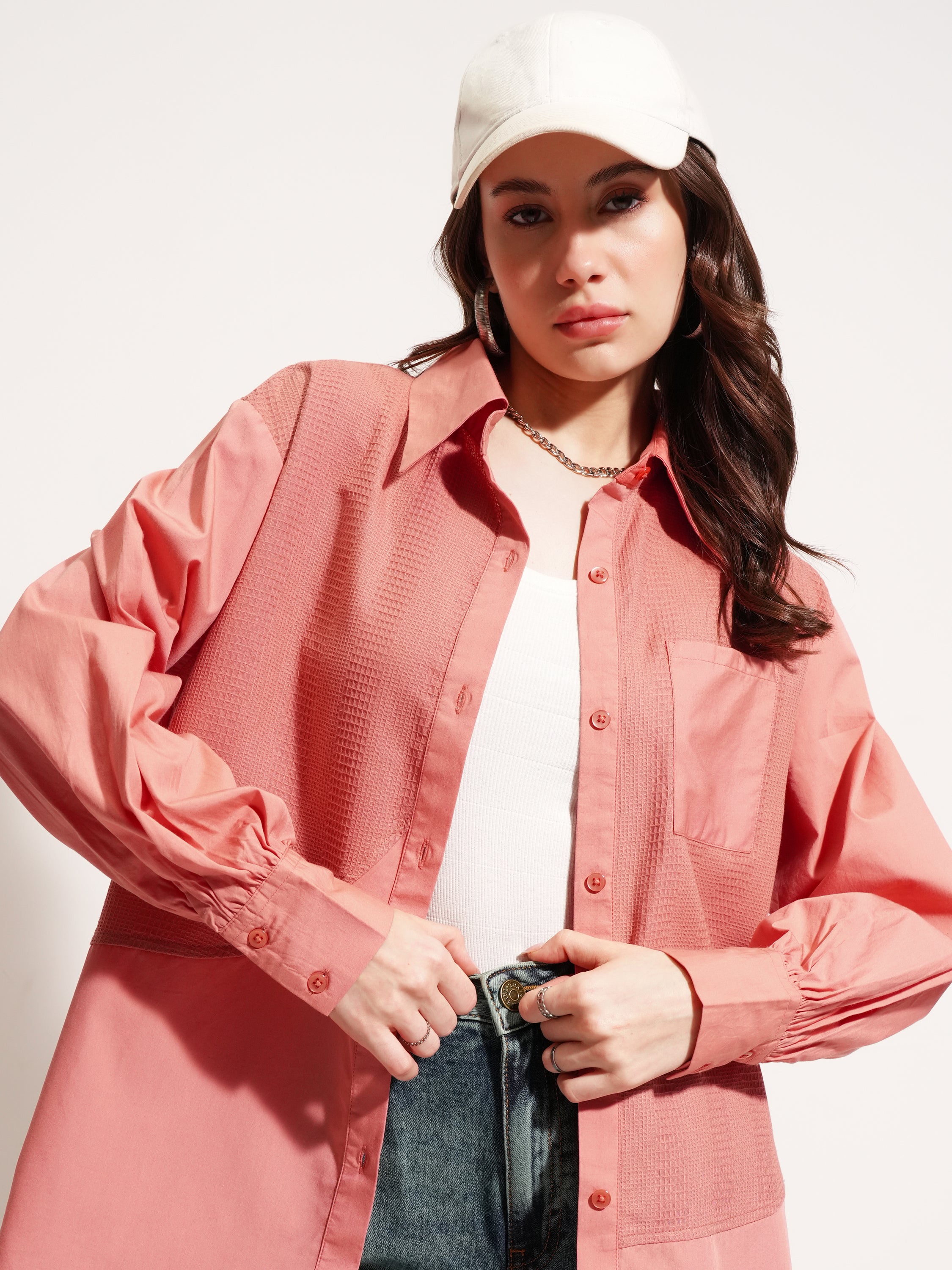Tokyo Talkies Women Pink Self Design Casual Shirt - Pink - Image 1