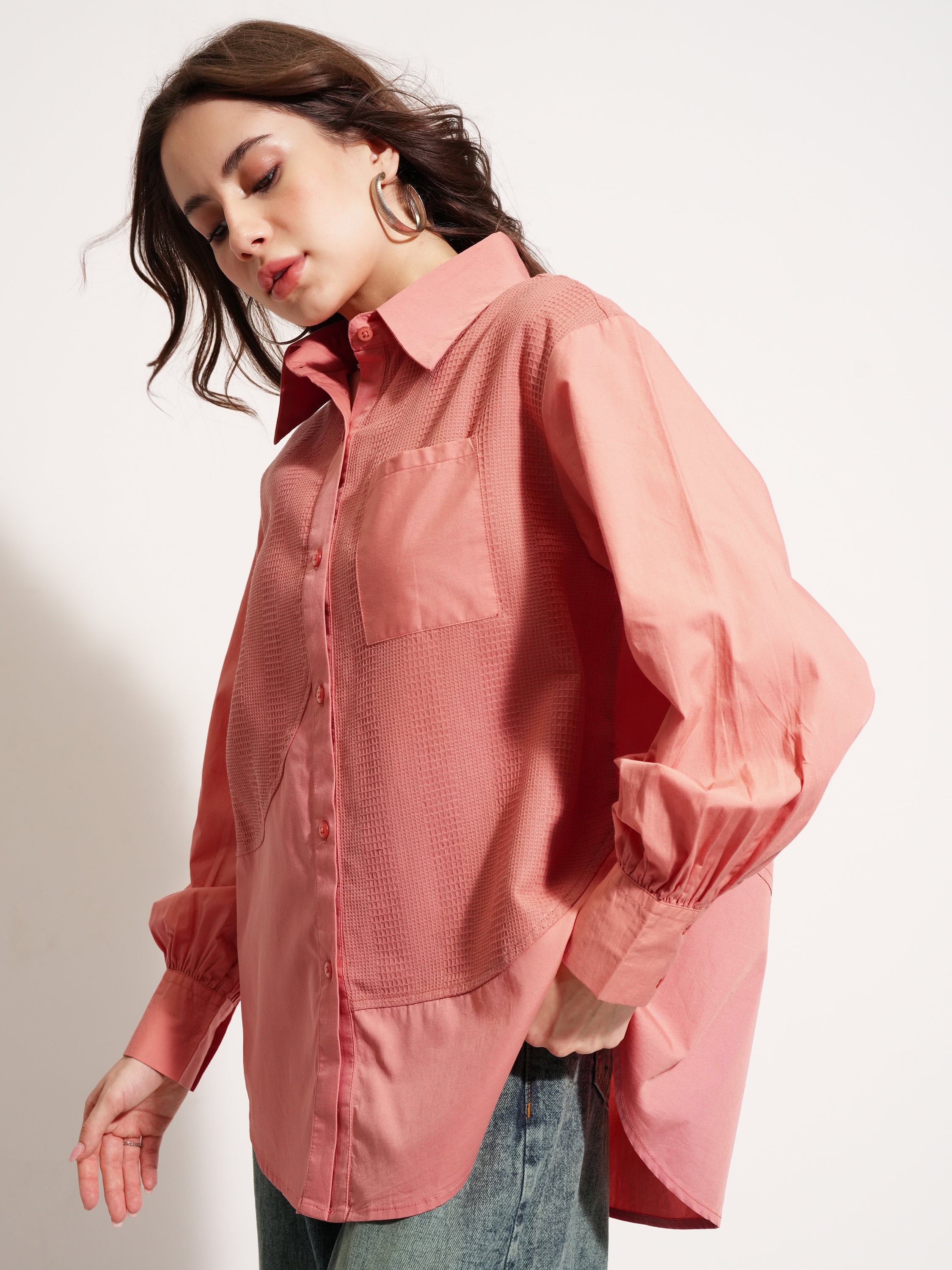 Tokyo Talkies Women Pink Self Design Casual Shirt - Pink - Image 4