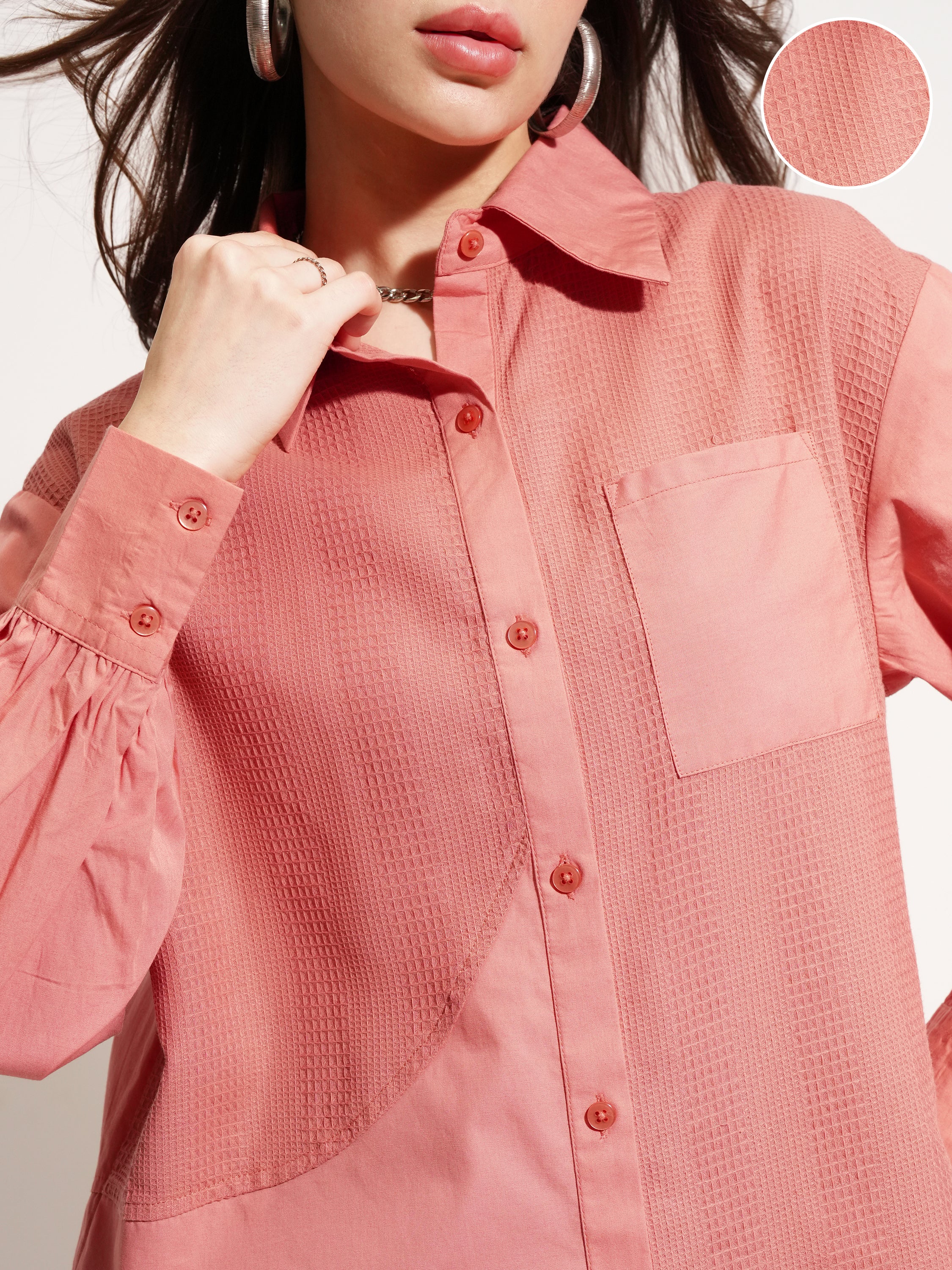 Tokyo Talkies Women Pink Self Design Casual Shirt - Pink - Image 5