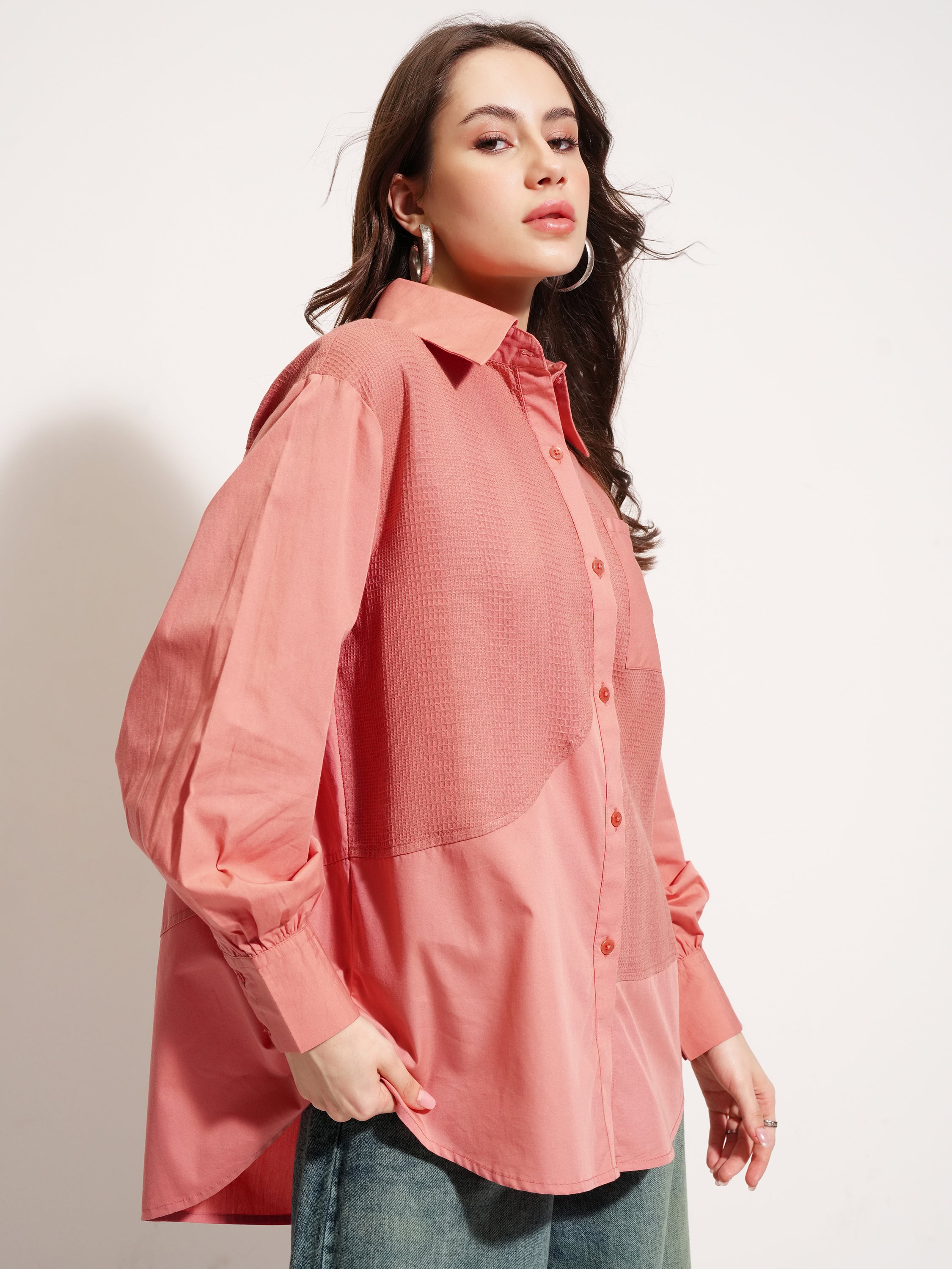 Tokyo Talkies Women Pink Self Design Casual Shirt - Pink - Image 6