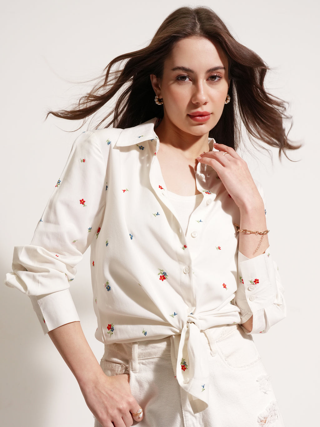 Tokyo Talkies Women Off White Embroidered Casual Shirt - Off White - Image 1
