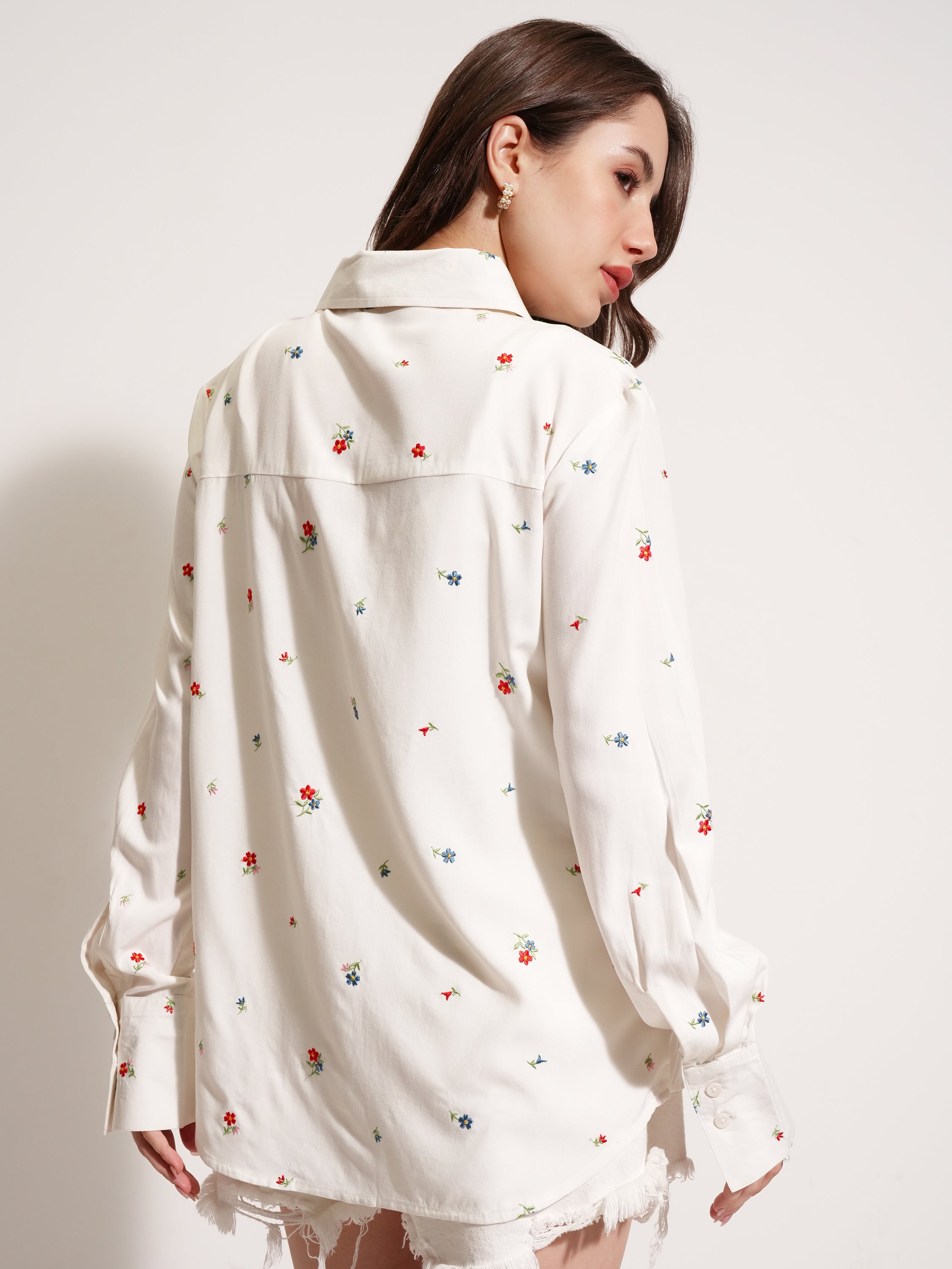 Tokyo Talkies Women Off White Embroidered Casual Shirt - Off White - Image 3