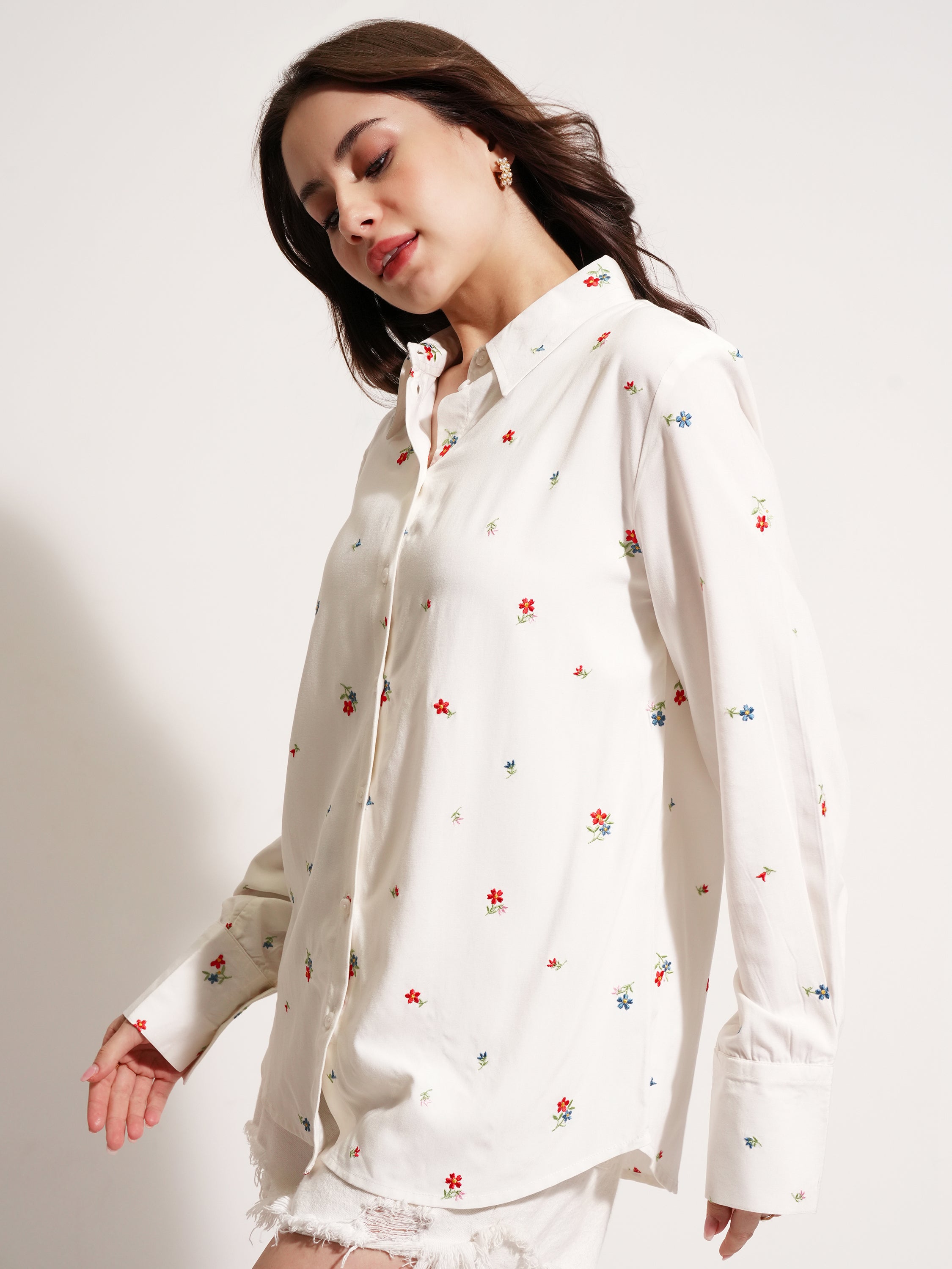 Tokyo Talkies Women Off White Embroidered Casual Shirt - Off White - Image 4