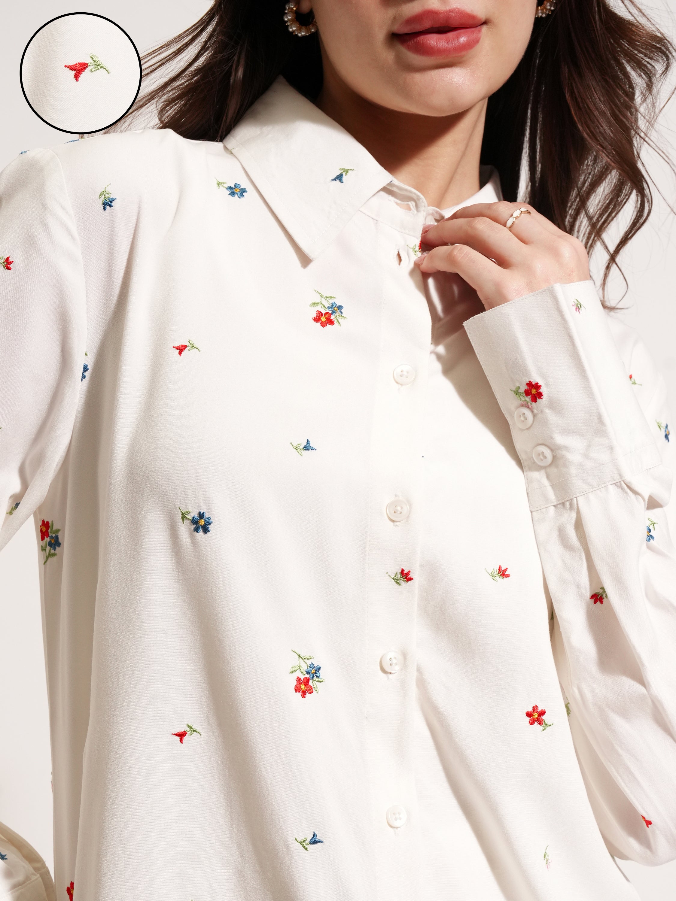 Tokyo Talkies Women Off White Embroidered Casual Shirt - Off White - Image 5