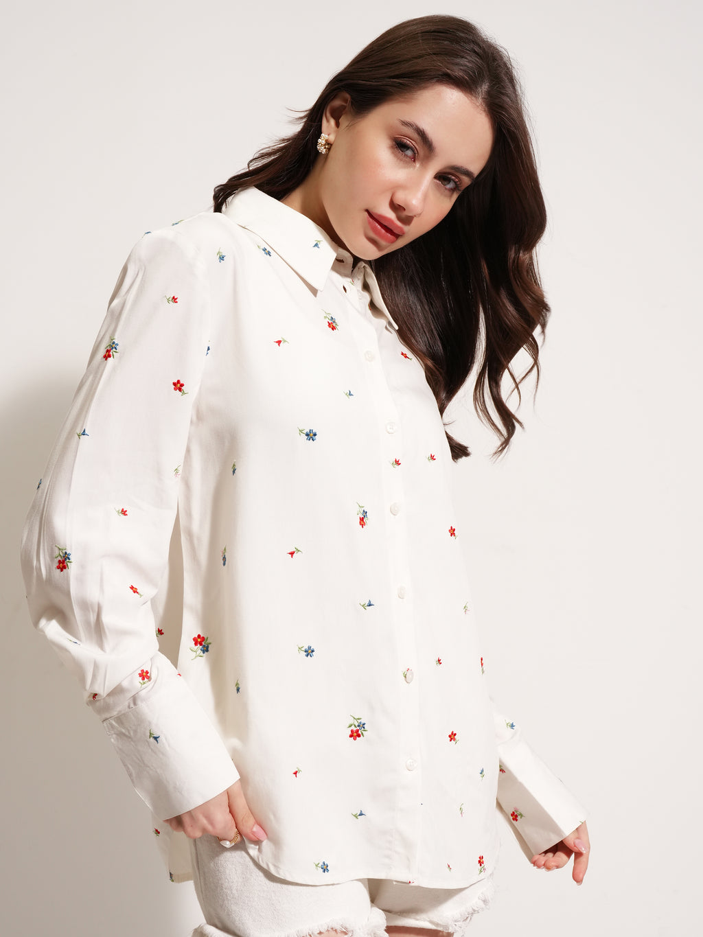 Tokyo Talkies Women Off White Embroidered Casual Shirt - Off White - Image 6